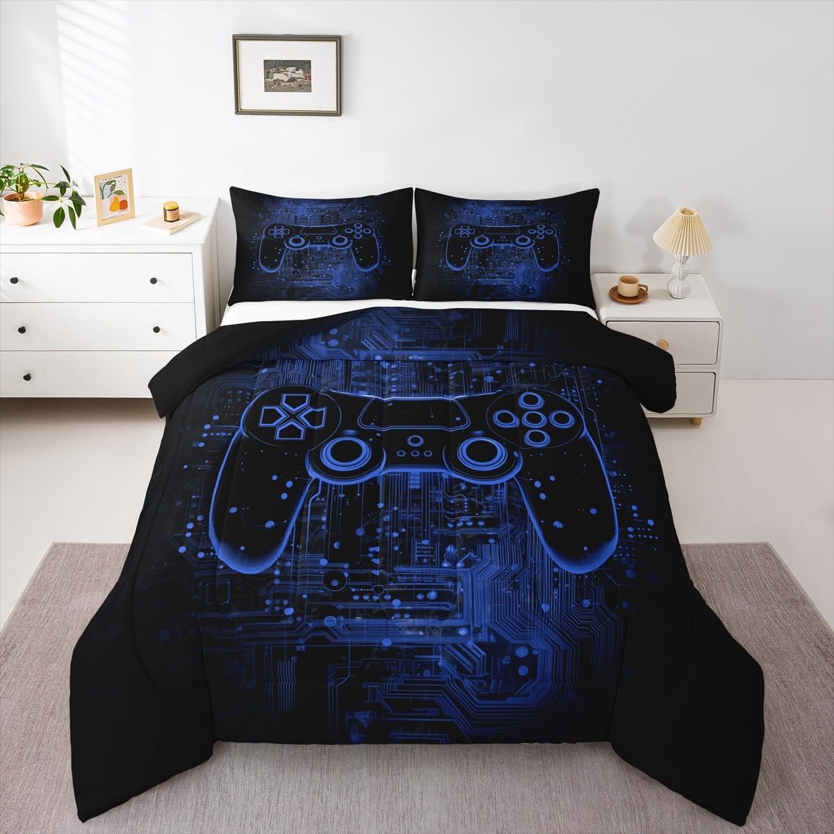 Feelyou Twin Size Blue and Black Gamer Bedding Set Boys Girls Gaming Comforter Set for Kids Women Men Ultra Soft Lightning Gamepad Game Geometric Duvet Quilt Room Decor Soft 2Pcs