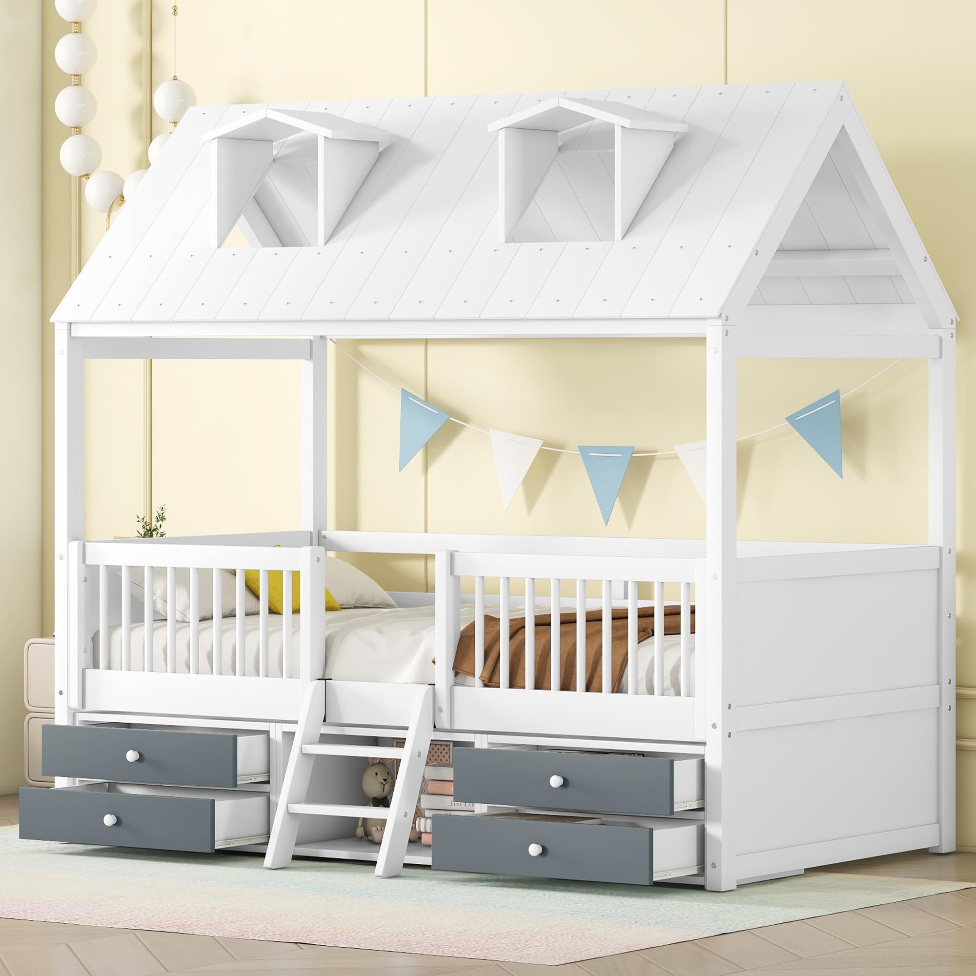 Bellemave Twin Platform Bed with House-Shaped Roof Wooden House Bed with Storage Drawers and Easy-Climbing Ladders House Platform Bed Frame for Kids,