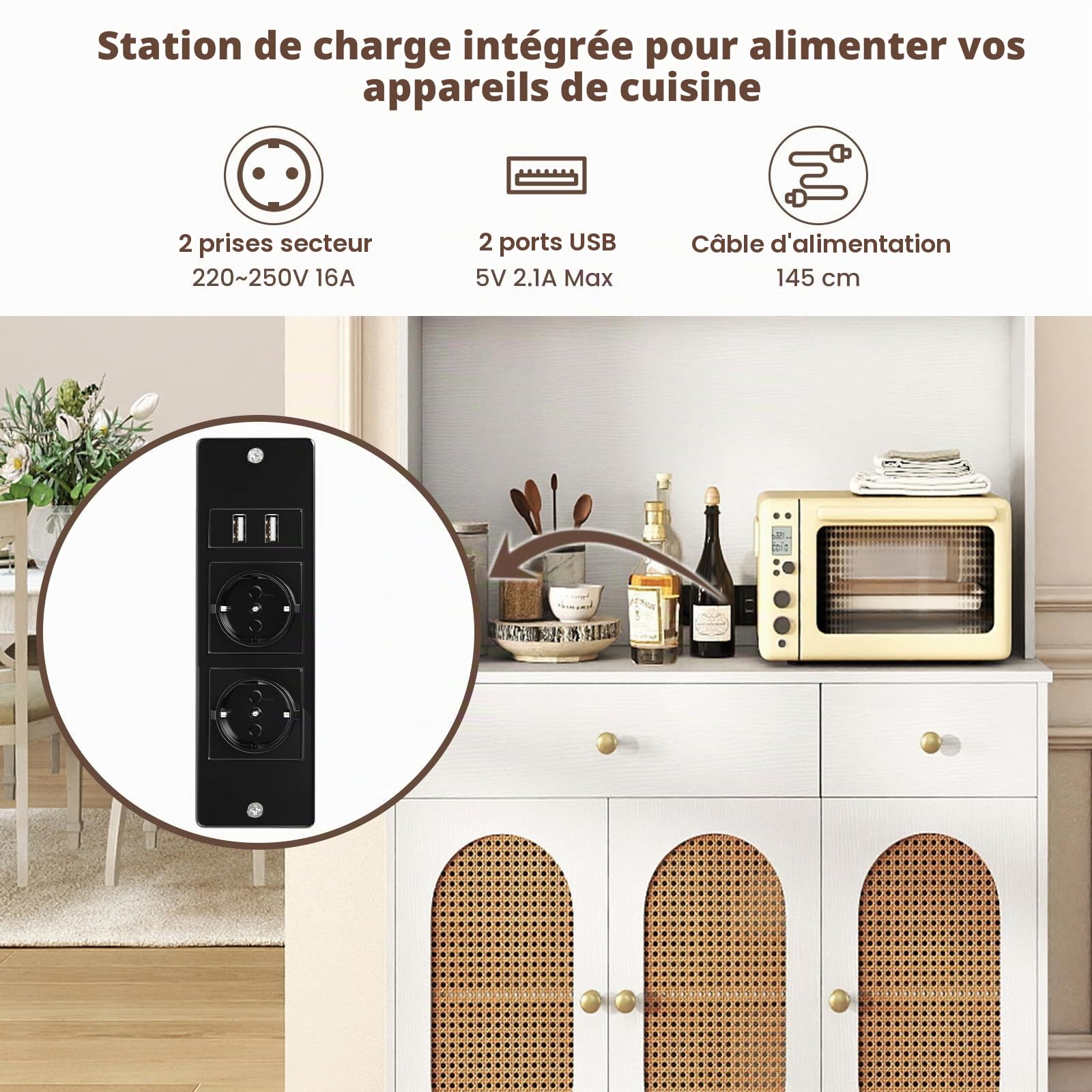 KOMFOTTEU Buffet Haut, Station Charge, 2 Tiroirs & 4 Armoires à Porte Blanc