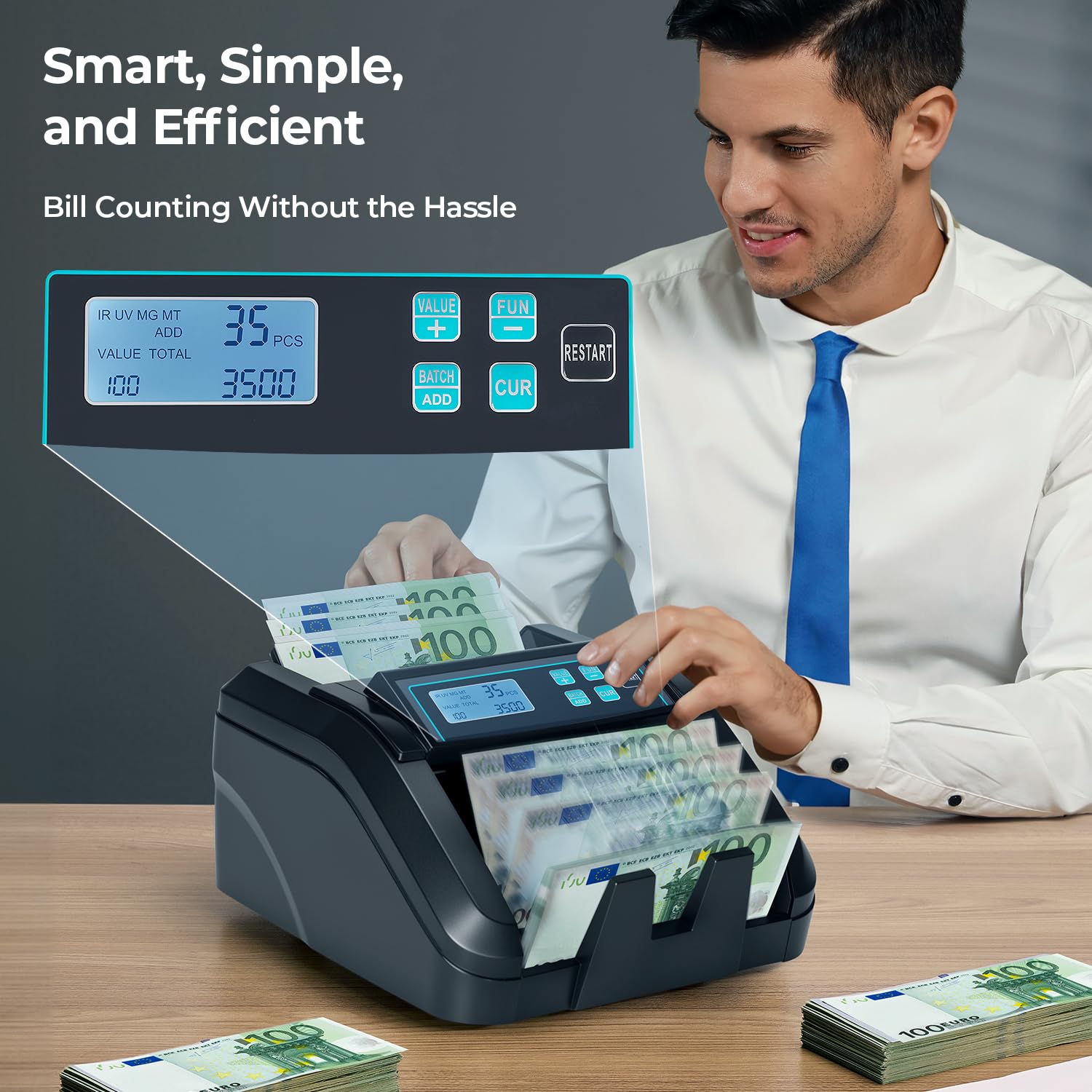 MUNBYN IMC51 Contadora de Billetes, Detección UV/MG/IR/MT, Solo EUR, 1100 Billetes/min, Contadora de Dinero con Pantalla LCD, 2 años de garantía, No cuenta montos mixtos