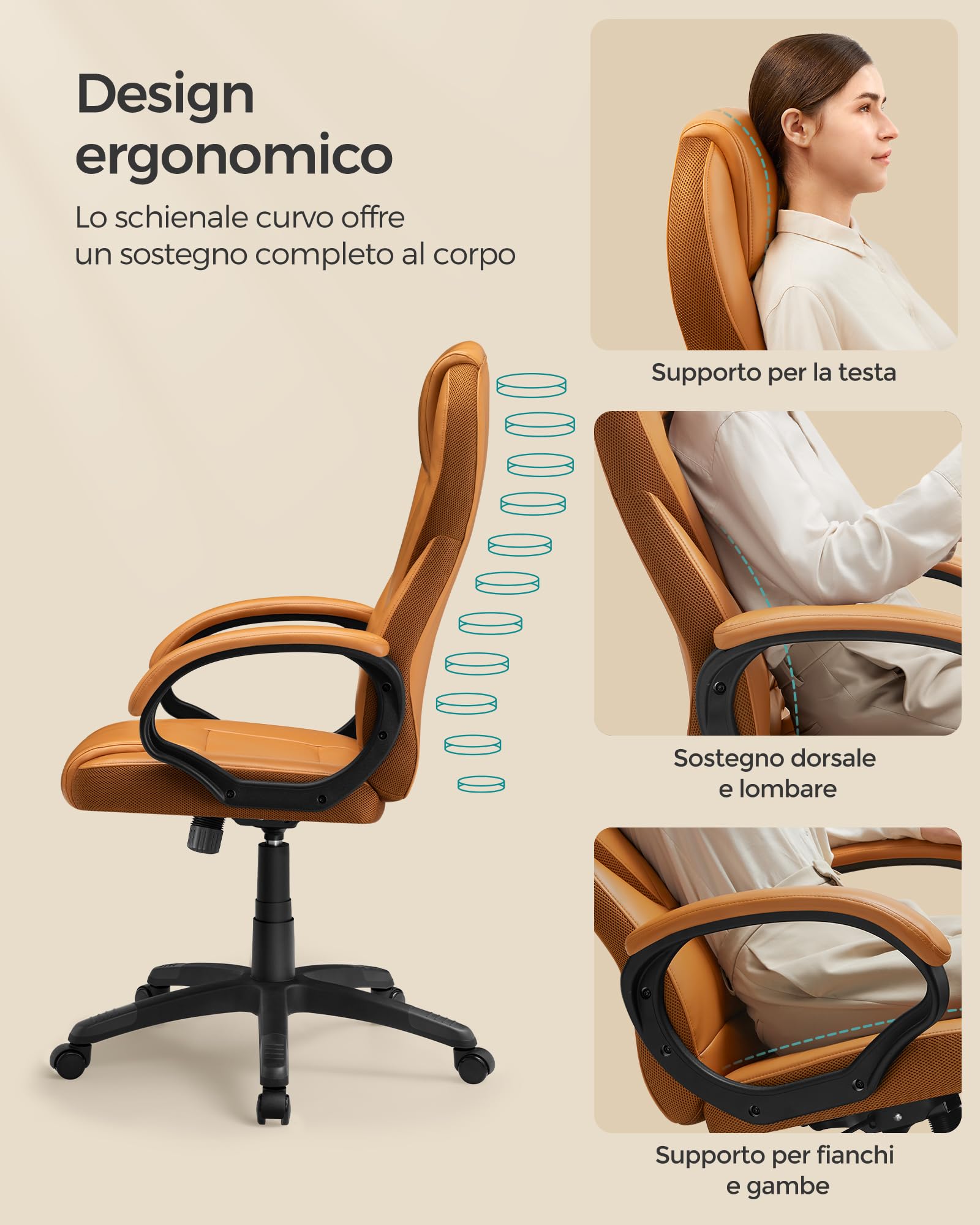 SONGMICS Ergonomica, Poltrona Direzionale, Sedia Girevole e Altezza Regolabile, da Scrivania in Studio e Ufficio, con Rotelle, Marrone Cammello OBG022K01, Poliuretano