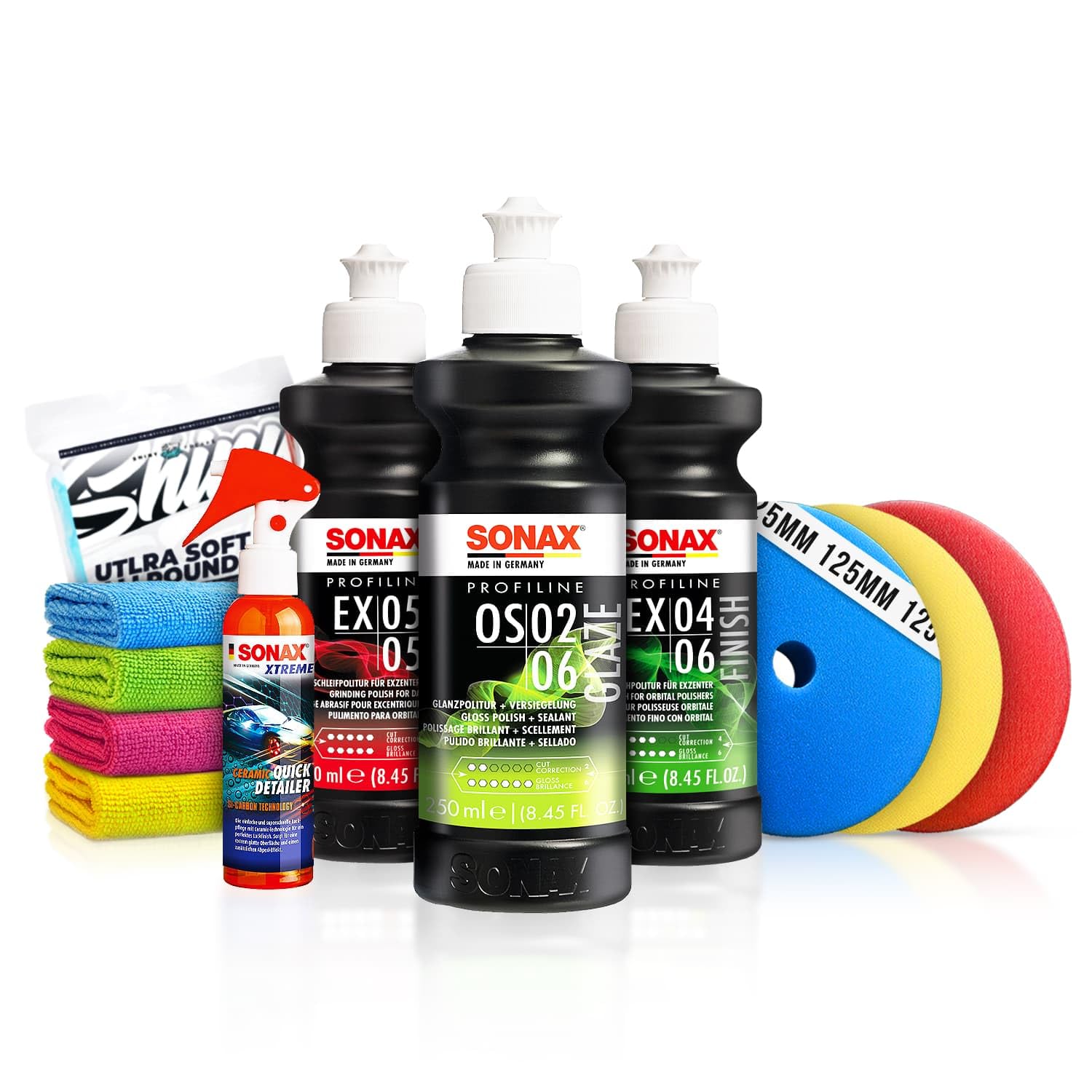 SONAX PROFILINE Auto Politur Set: FS 05-04 + SP 06-02 + NP 03-06 + 3X Royal Pads AIR für 125mm Stützteller+ ChemicaWorkz Edgeless Soft Touch Premium Mikrofaser Poliertuch 500GSM | 7-teiliges Sparset
