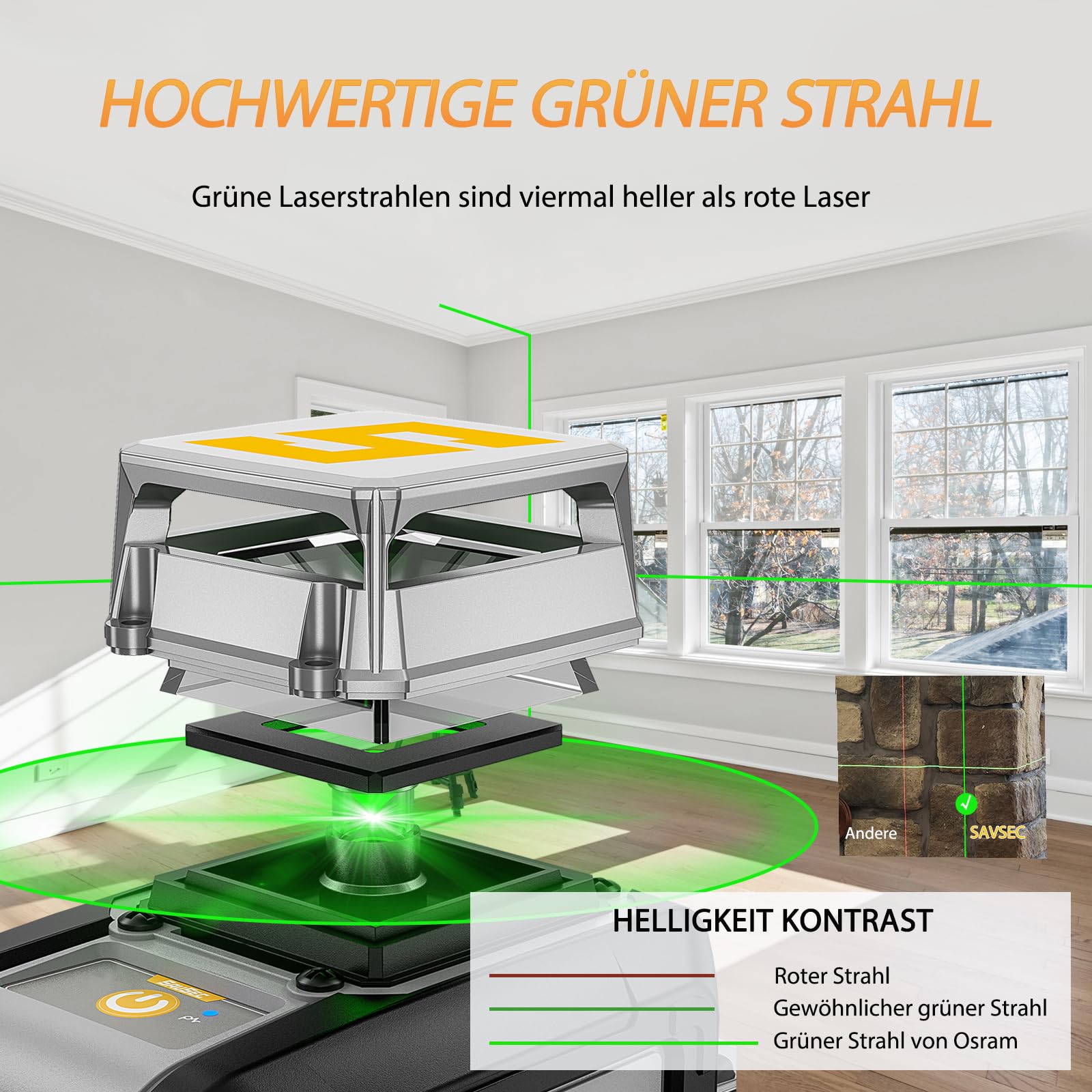 Niveau à bulle laser SAVSEC vert, 1 × 360° Laser en croix auto-nivelant, 5 lignes 45 m Niveau à bulle laser en croix avec mode manuel, automatique et impulsion pour chantier de construction intérieur