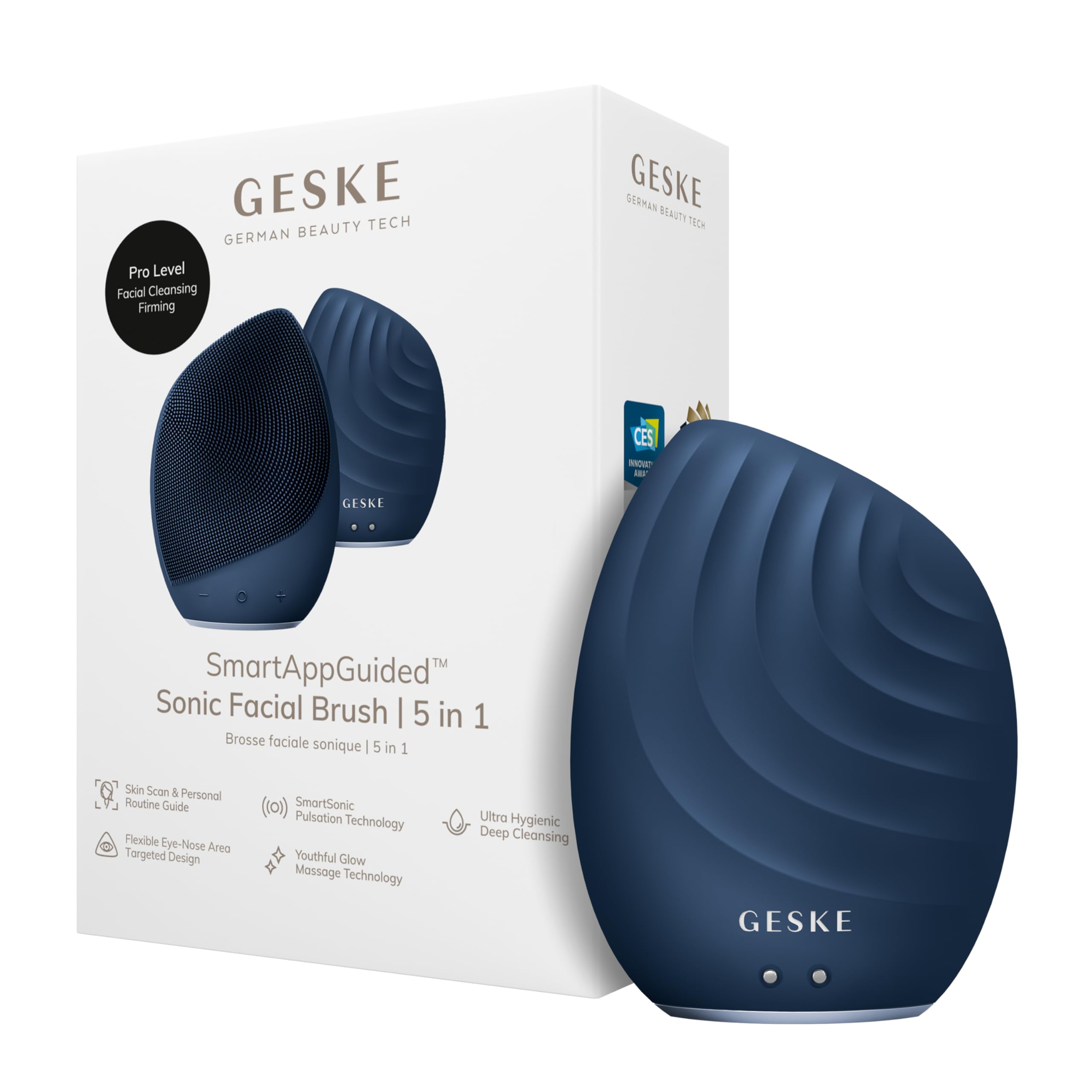 GESKE | SmartAppGuided™ Sonic Facial Brush 5 in 1 | Elektrische Gesichtsreinigungsbürste | Weiche Bürste aus Silikon | Professionelle Gesichtsreinigung | Gesichtsreinigungsgerät | Gesichtsmassagegerät