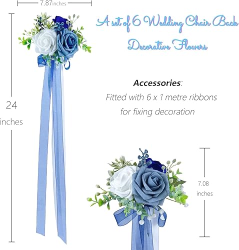 Miniatura 2 de CherishedMoments Juego de 6 decoraciones para sillas de pasillo de boda, flores artificiales, rosas y cintas, arreglo floral de banco, para boda,