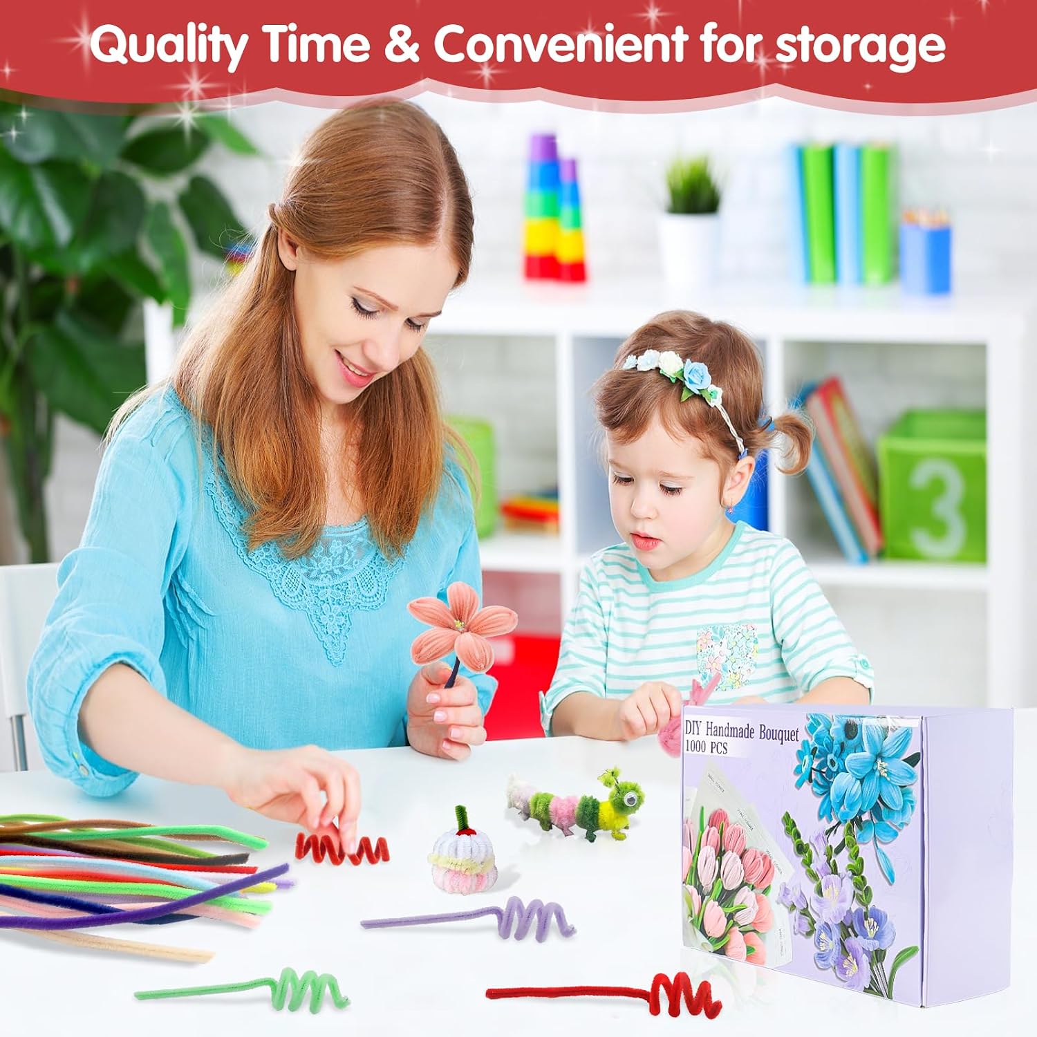 1000 PCS Pipe Cleaners Craft, Pipe Cleaners Flowers Kit with Handle