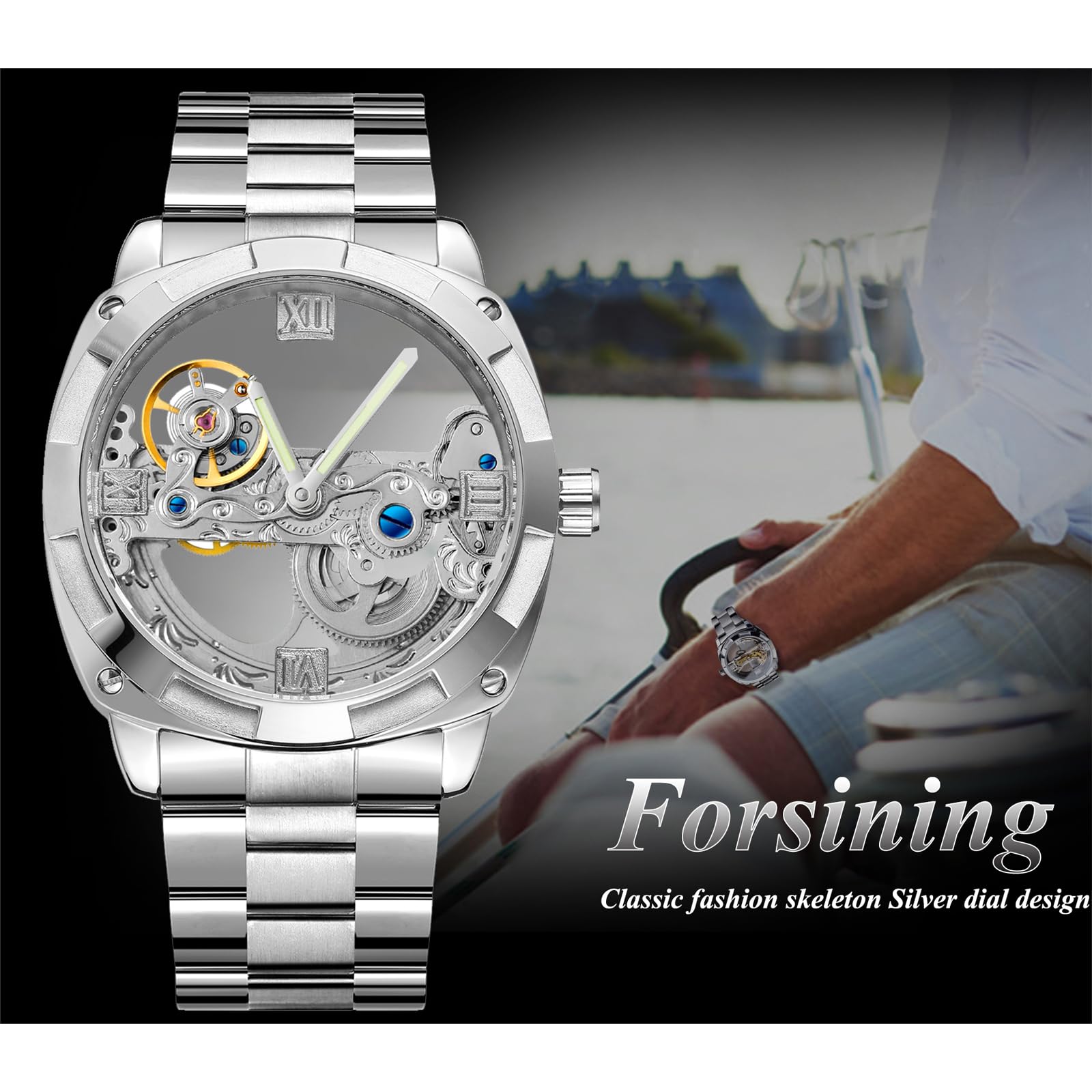 FORSINING Reloj para hombre, clásico, transparente, esfera cuadrada, automático, acero inoxidable, a la moda, para negocios, resistente al agua, luminoso, mecánico, plata