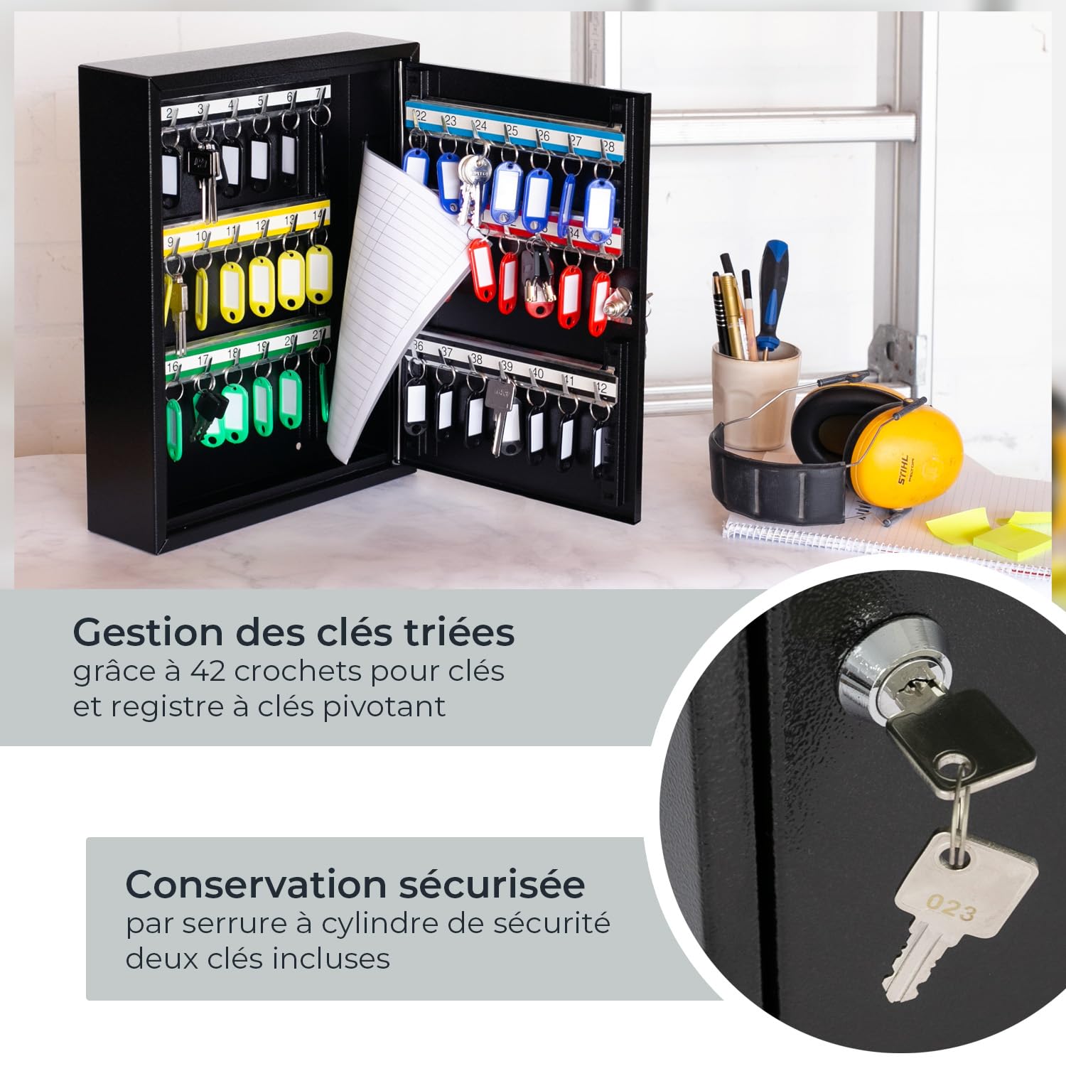 HMF Armoire à clés en Acier, Coffret à clés verrouillable pour Bureau, Administration ou Parc Automobile | 42 Crochets pour clés | 35 x 27 x 8 cm | Noir