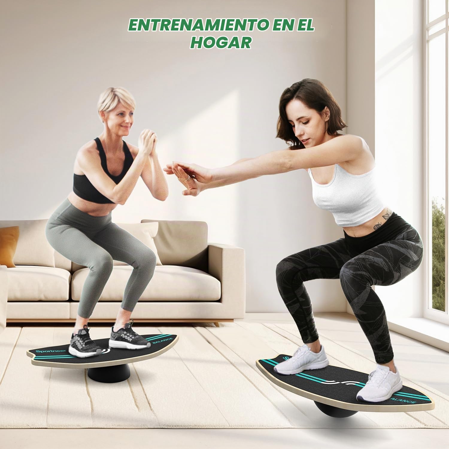 Sportneer Surfin - Tabla de equilibrio para adultos 8 en 1 – Entrenador de equilibrio con rodillo, pelota de goma y semiesfera, tabla de equilibrio de madera para entrenamiento de núcleo, surf, esquí
