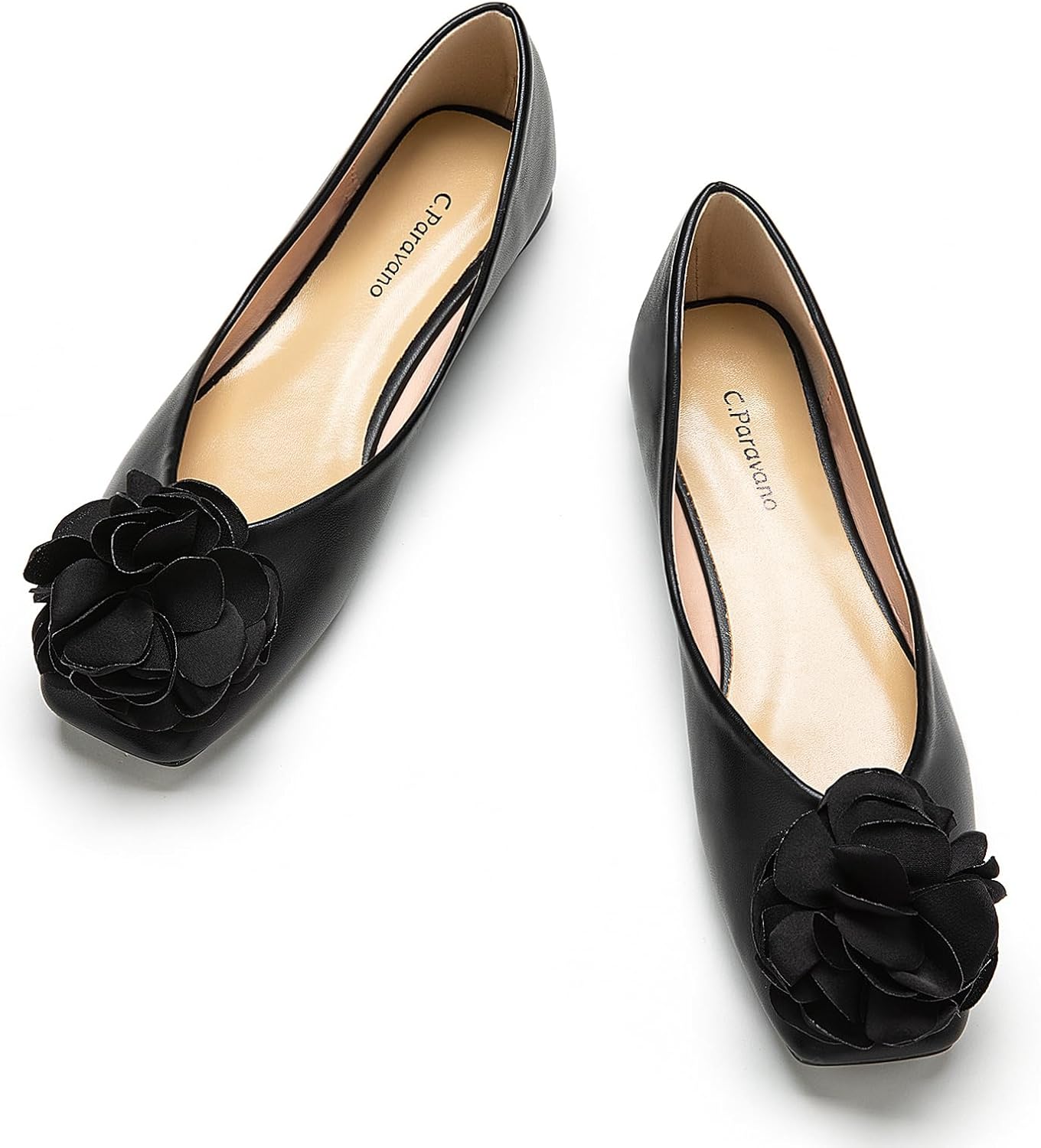 C.Paravano Ballet Flats for Women | Women's Flats | Square Toe | Slip On Dress Shoes | Satin Flower Shoes
