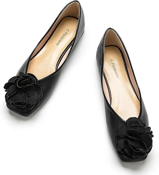 C.Paravano Ballet Flats for Women | Women's Flats | Square Toe | Slip On Dress Shoes | Satin Flower Shoes 10.5 Black