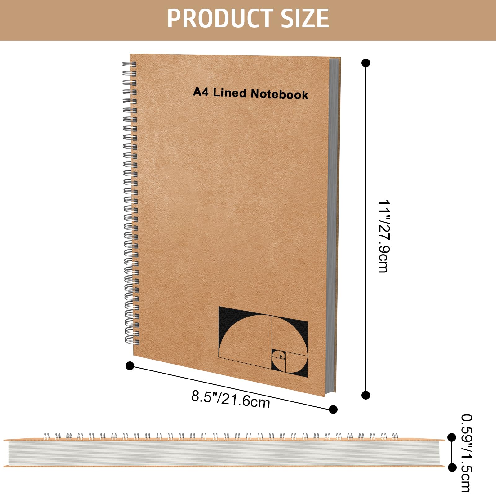 Mousbull Lot de 2 grands carnets à spirale lignés A4 pour écrire, 200 pages de 100 g/m² en papier épais ligné pour le travail, la classe, la prise de notes, le dessin – Couverture marron kraft, 21,6 x