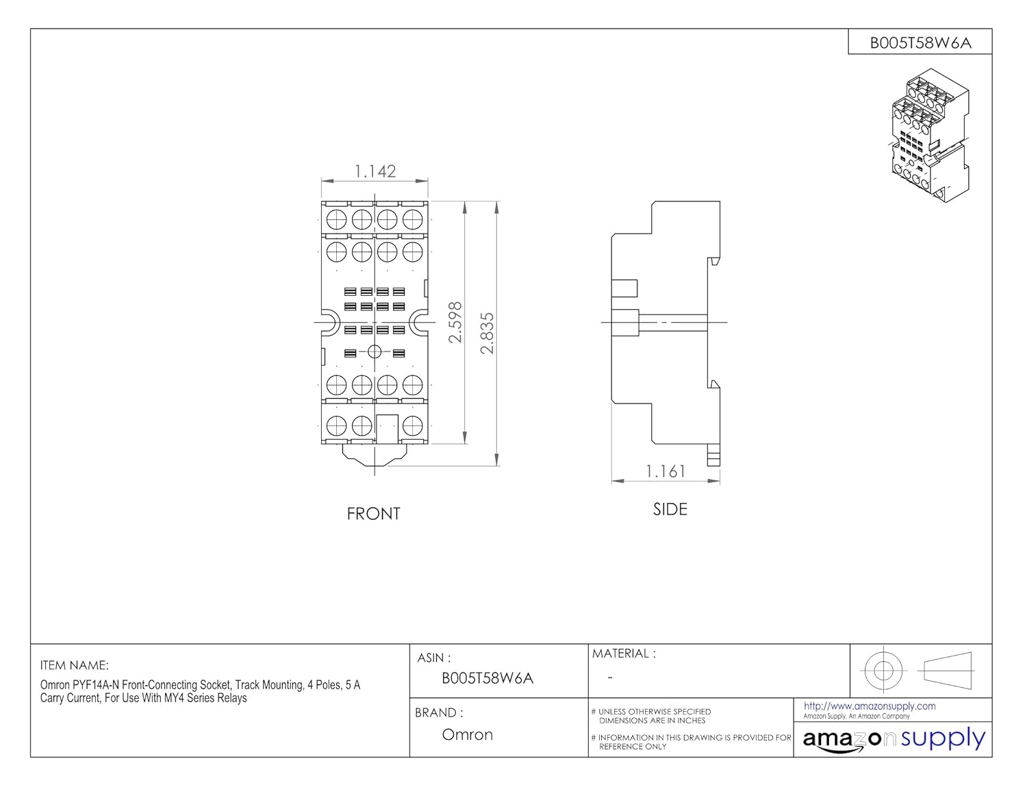 Omron PYF14A-N Front-Connecting Socket, Track Mounting, 4 Poles, 5 A Carry Current, For Use With MY4 Series Relays
