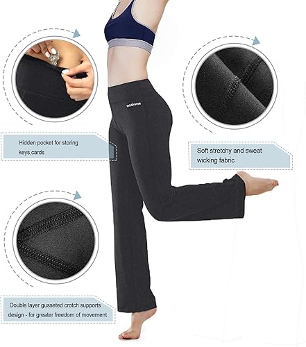 Miniatura 4 de HISKYWIN - Pantalones largos de yoga para ejercitar o correr, con bota ancha acampanada, bolsillo interior y elasticidad en 4 direcciones, disimula