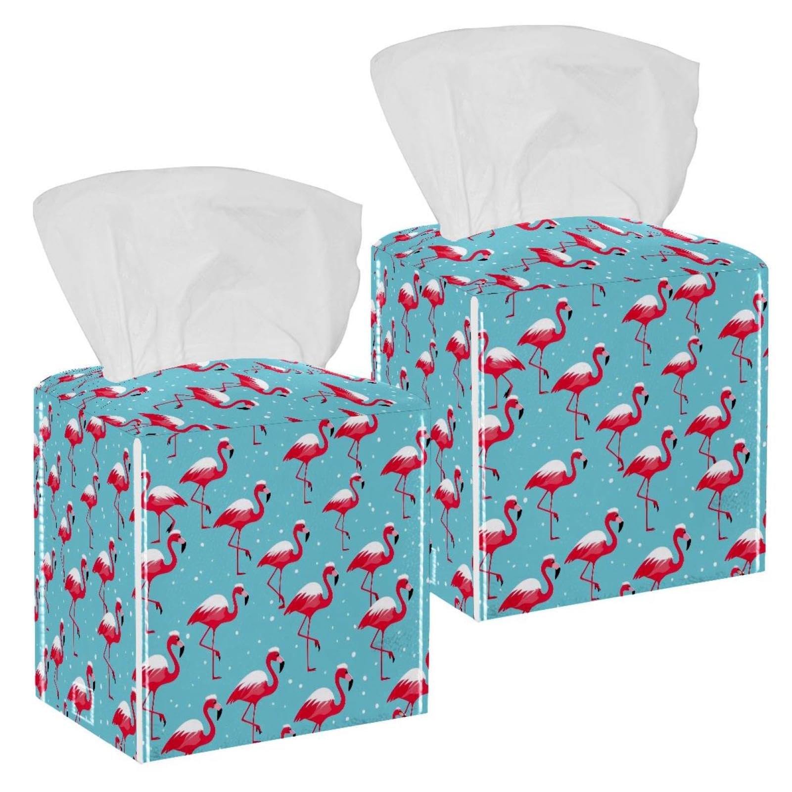 Flamingos Tissue Box Cover, 2 Pack PU Leather Square Facial Tissue Dispenser Box holder for Home Office Car