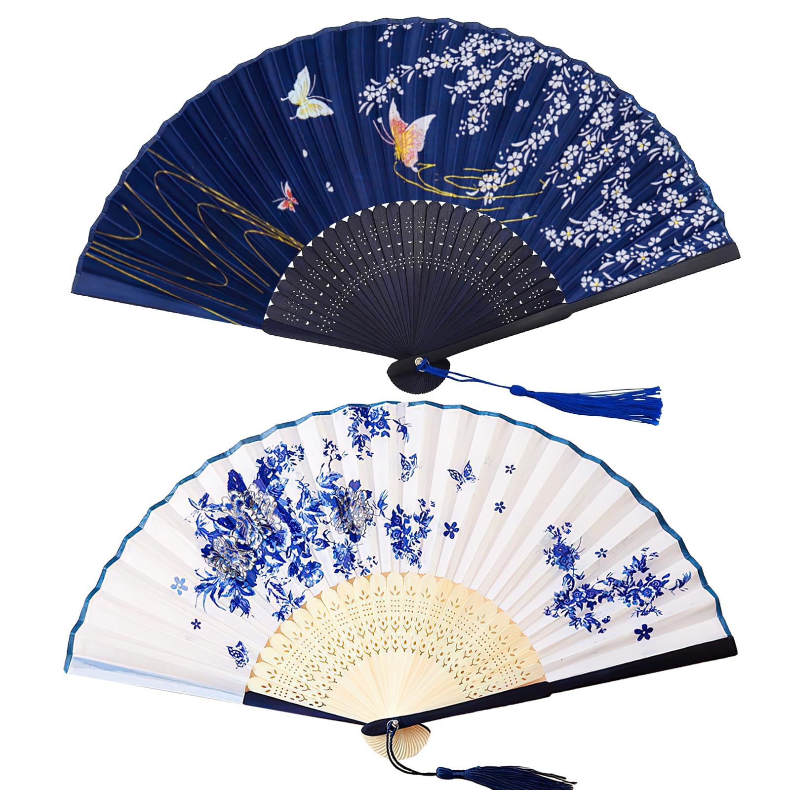 CoolShef 2Pcs Hand Fan Manual | Folding Japanese Fan with Tassel | Vintage Bamboo Silk Chinese Fan for Wedding, Party, Dance Performance, Home Decoration, Gift for Women & Girls-image-31