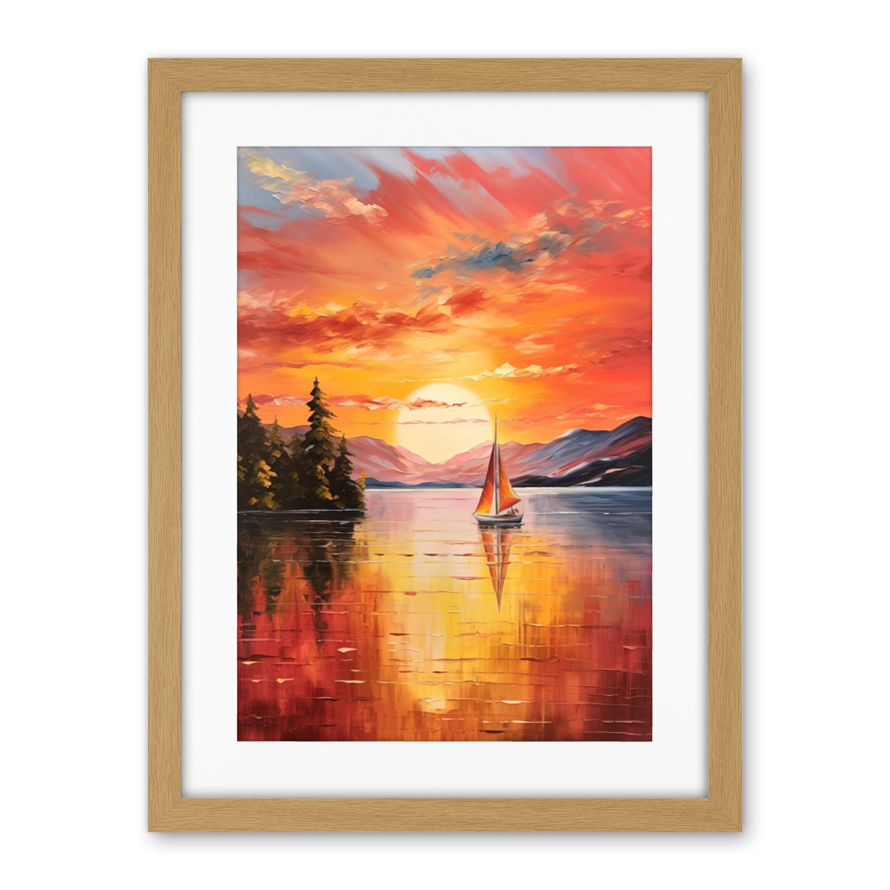 Artery8 Serene Lake Sunset Sailing Vibrant Oil Painting Sail Boat Lakeside Mountain Landscape Artwork Framed Wall Art Print 18X24 Inch