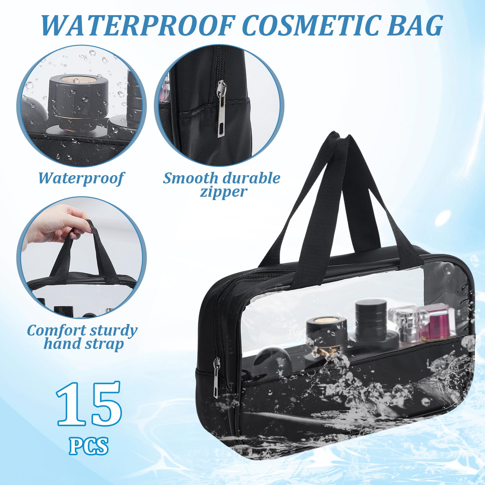 15 bolsas de maquillaje de PVC transparente, organizador de viaje impermeable con asa para colgar, Black, Clásico
