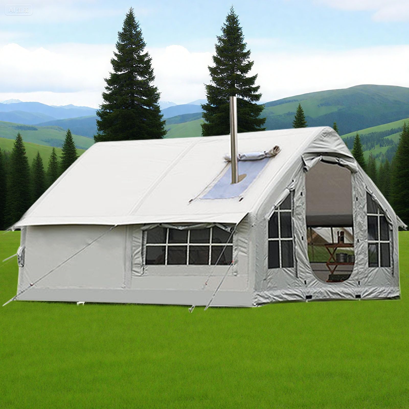 Winter Aufblasbares Zelt Haus XXL, Familienzelt Aufblasbar 6-8personen, Luftzelt Aufblasbar Camping Mit Pumpe, 4-Saison Pop Up Air Tent Zelt Groß XXL Outdoor Mit Kaminöffnung