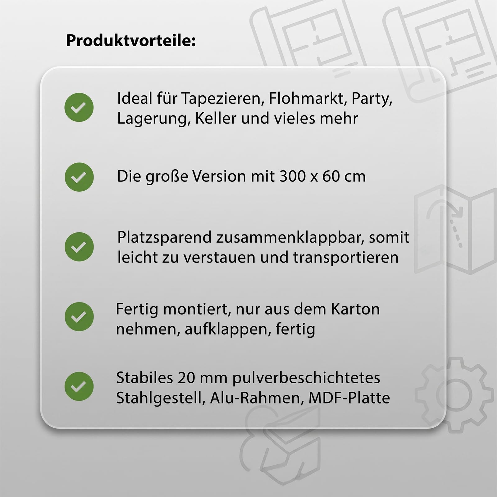 TRUTZHOLM Tapeziertisch klappbar aus Aluminium 300x60 cm | Mehrzwecktisch mit praktischer Messsskala | bis 30kg belastbar, stabile 3mm Dicke MDF-Platte