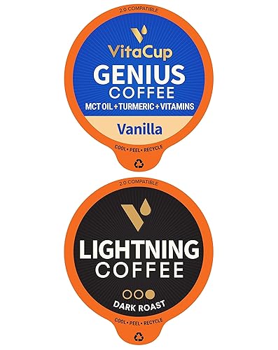 VitaCup Coffee Pod Genius Vanilla & Lightning - Paquete de 32 cápsulas reciclables con infusión de vitaminas compatibles con cafeteras K-Cup,