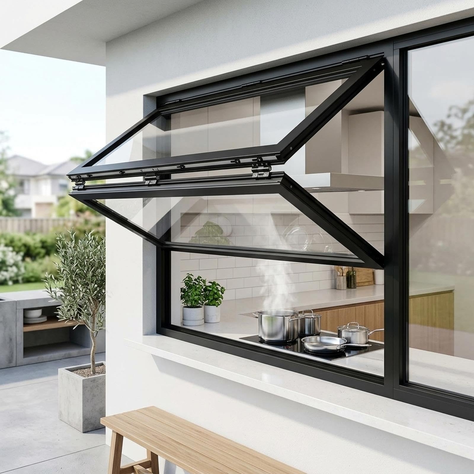 Vertikales Schiebefenster Faltbar Aluminium Gastro Durchreiche