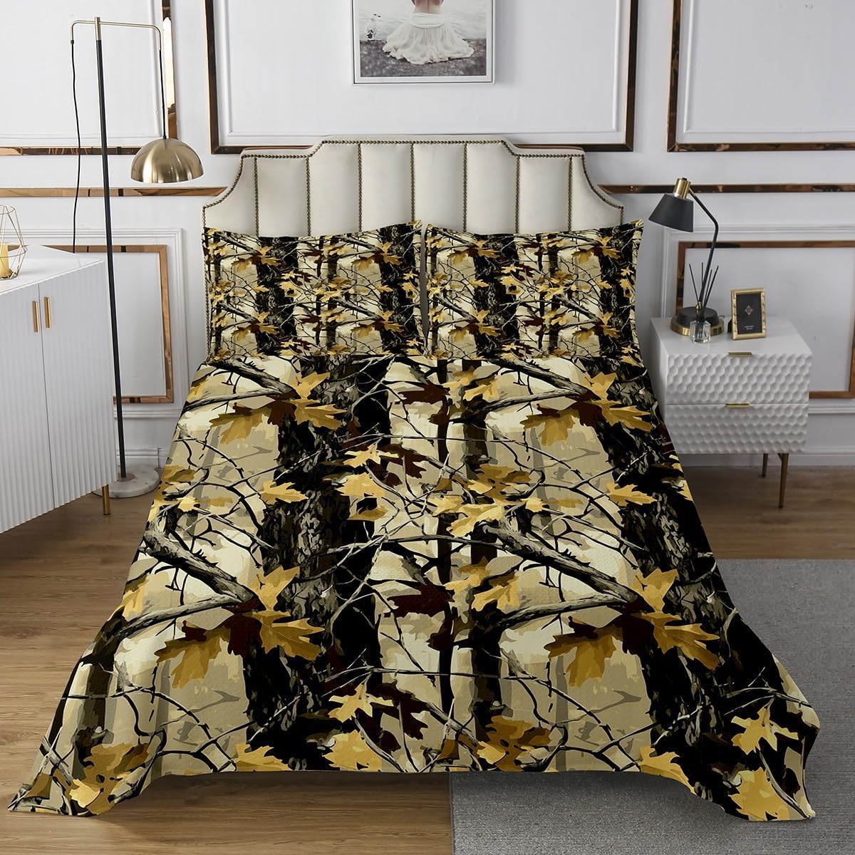 Erosebridal Grey Camo Camouflage Bedspread Set Queen Size Rustic Hunting Themed Quilt Set for Adults Vintage Country Tree Branches Bedspread Sets Farmhouse Cabin Lodge Coverlet Set