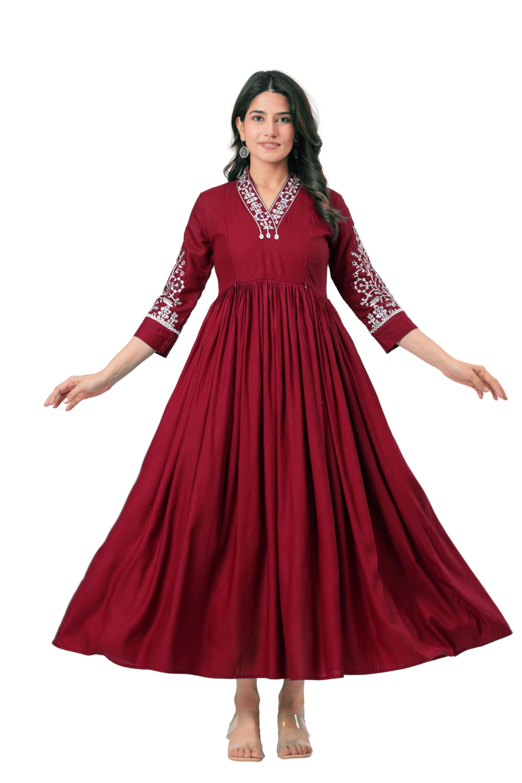 Women's Cotton Rayon Maternity Anarkali Kurta, Floral Embroidery, V-Neck, 3/4 Sleeve, A-Line Flared Ethnic Gown with Feeding Zip-image-35