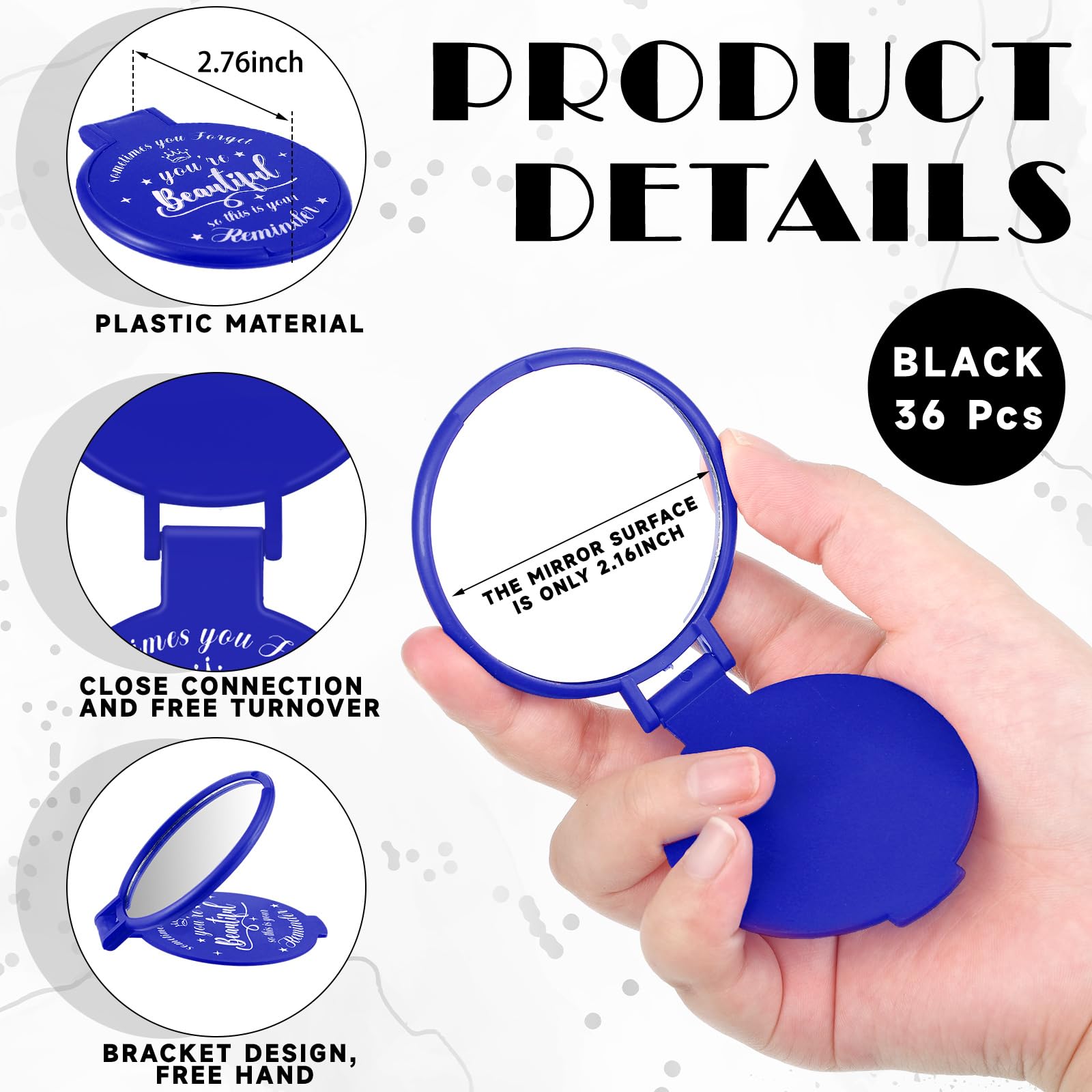 Gulfmew 36 Pcs 2.76 Inch Inspirational Compact Mirror Bulk Women Small Gifts Graduation Party Favors Purse Mirror Pocket Mini Stuffer Items for Adult Coworker Cheerleader Employee (Blue) - Image 2