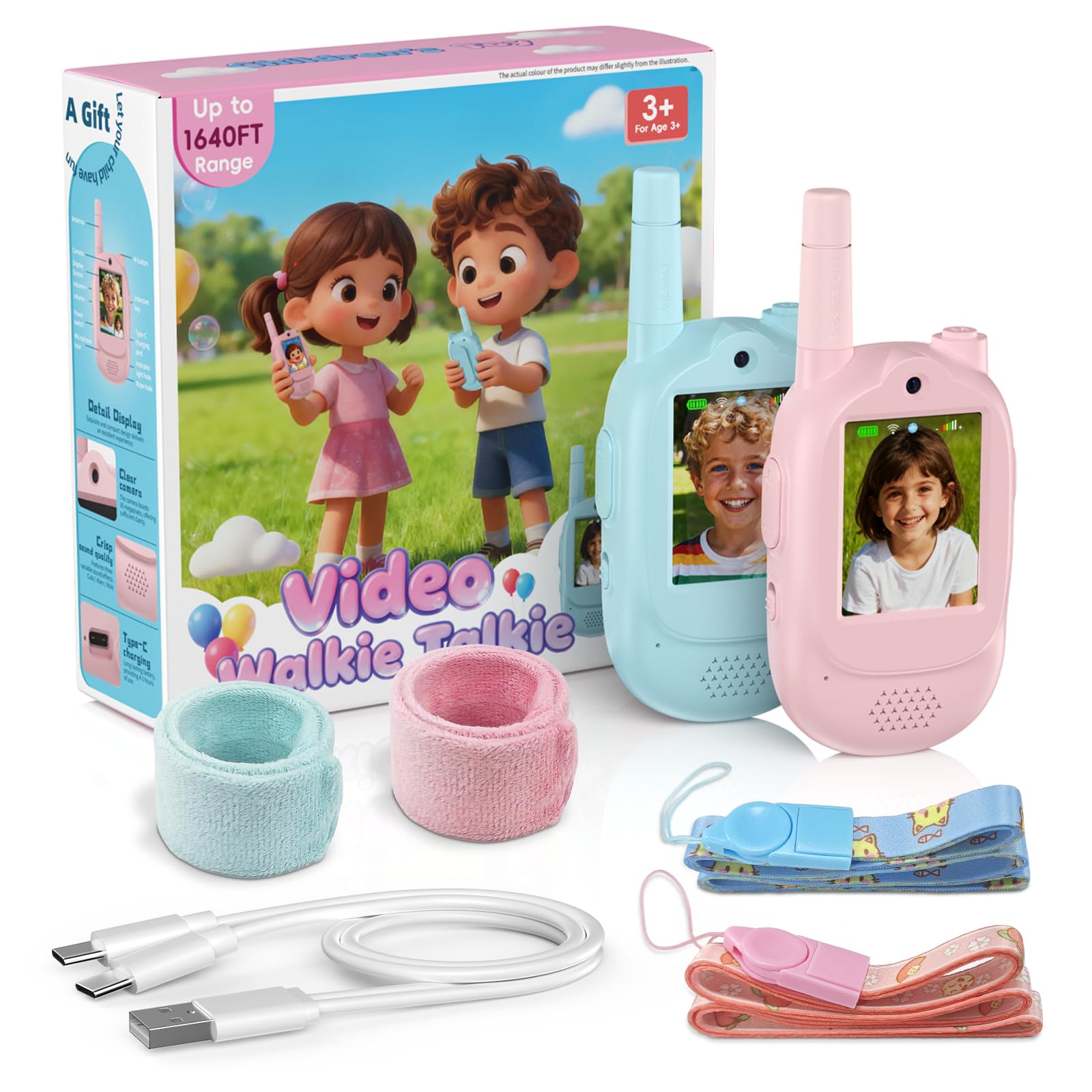 Talkie walkie vidéo pour Enfants, Cadeau pour Les garçons et Les Filles à partir de 3 Ans, Talkie-walkie Rechargeable, Jeux et Jouets pour Enfants, Coloris Rose et Bleu
