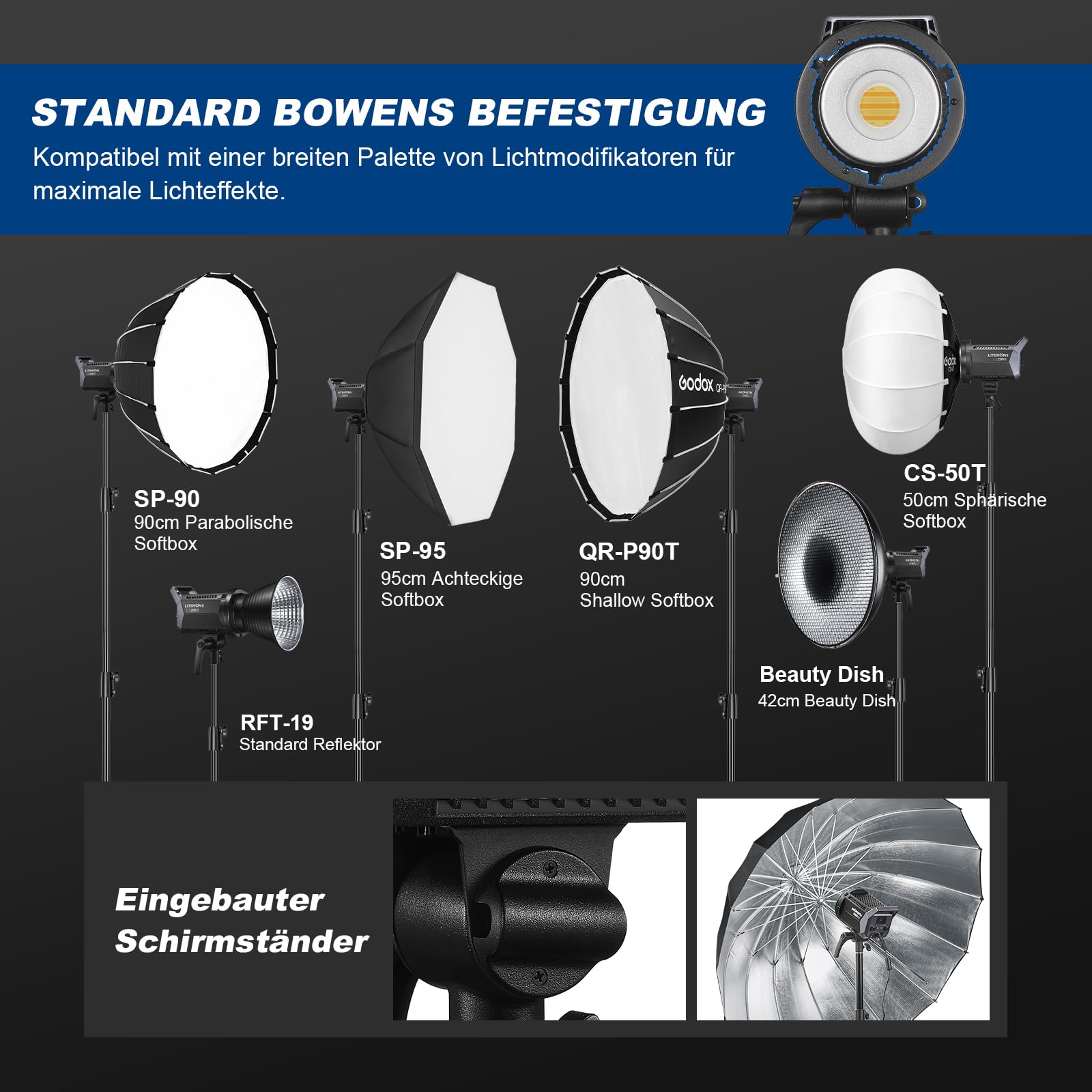 Godox 2 sztuki litów LA200Bi LED Video Light 230 W, światło dzienne, ciągłe wyjście 5600 K, CRI 96 + TLCI 97+, 101000 lux, z mocowaniem Bowens i kontrolą aplikacji do Livestreaming, wideo, YouTuber, 2