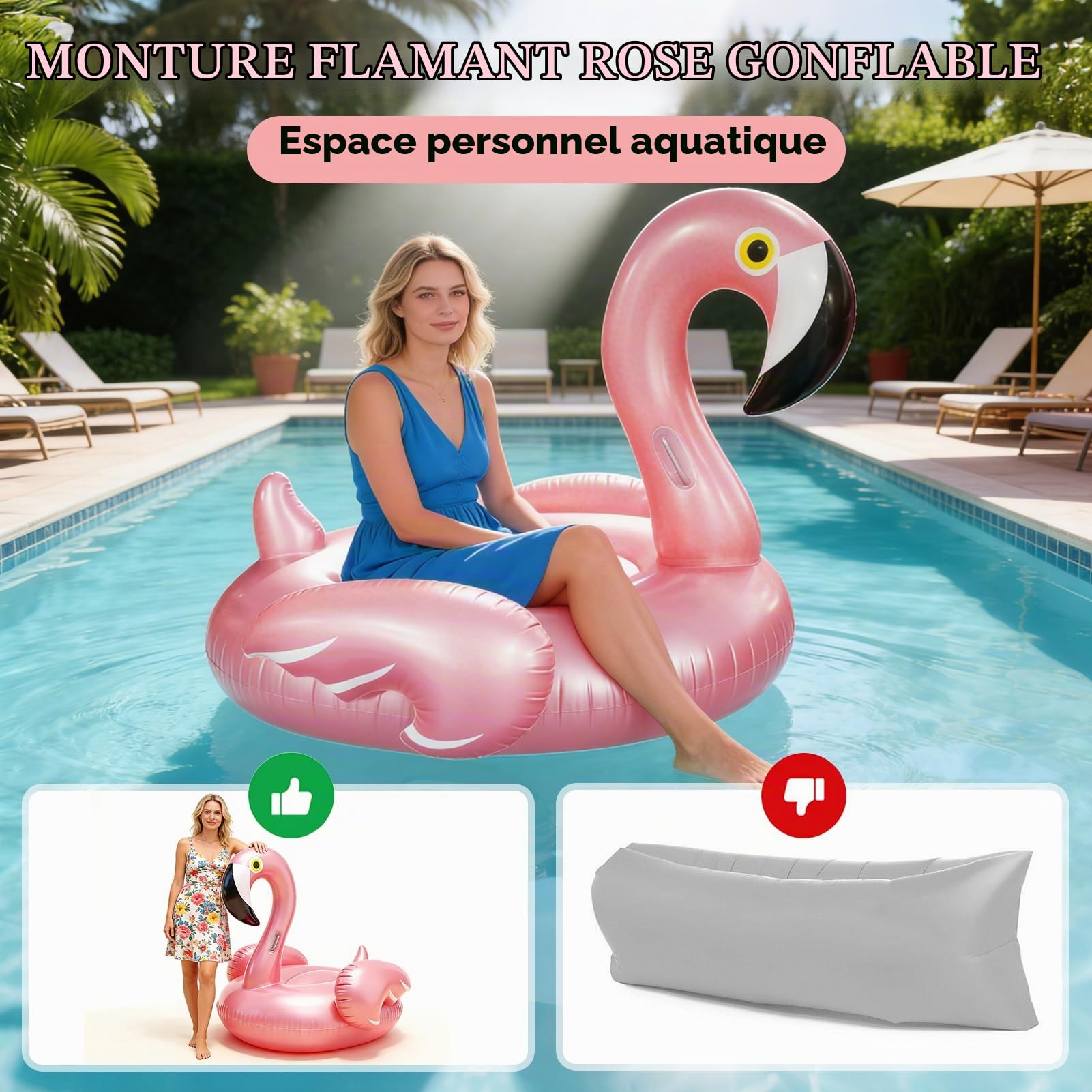 Flotteur de Piscine en Forme de Flamant pour Adultes, 110 × 93 cm Bouée de Natation Flamant Matelas Gonflable en PVC, Poids Maximal de 90 kg pour Estivaux, Rose