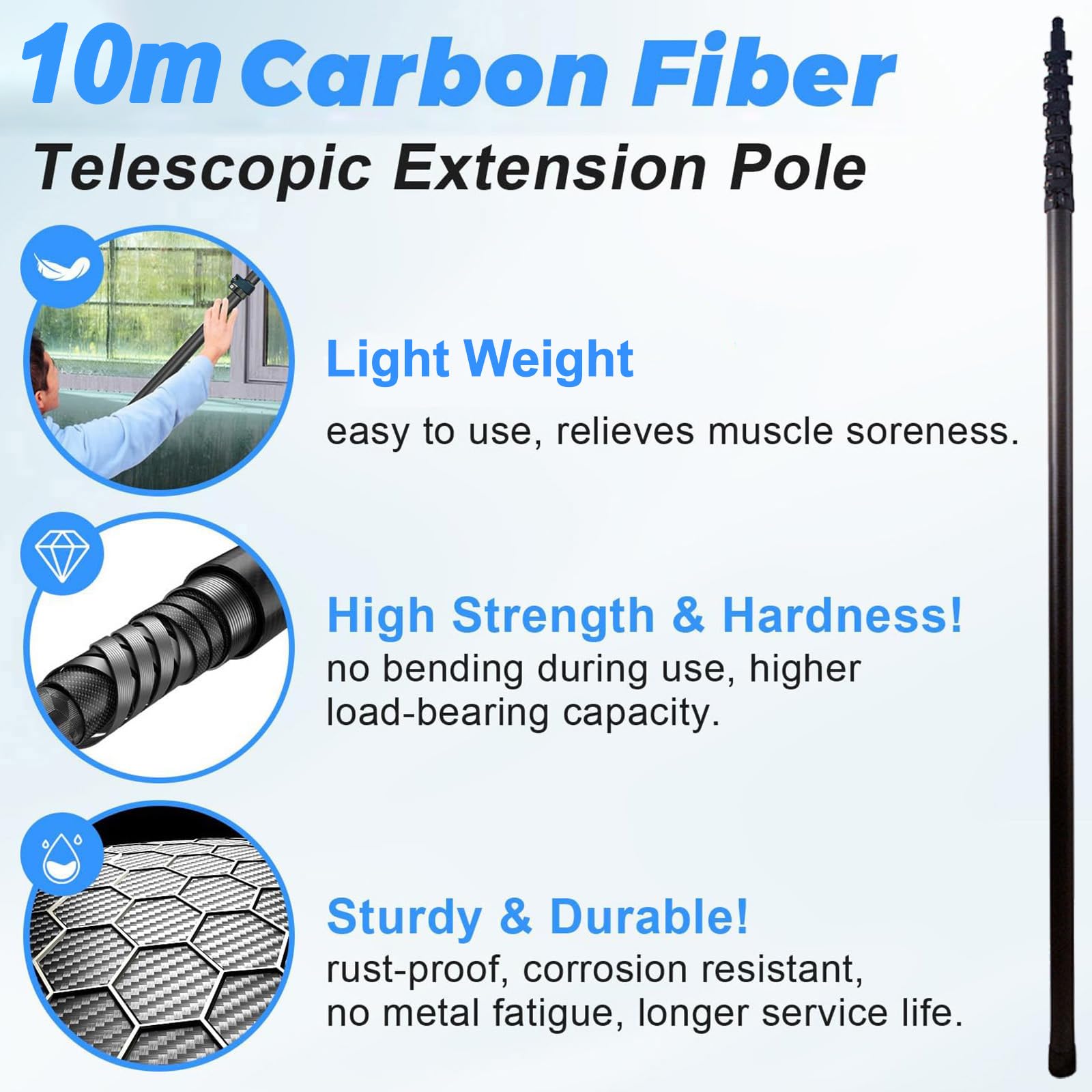 Genérico Cepillo para Ventanas con Mango telescópico de Fibra de Carbono de 10 m. Kit de Limpieza: Alimentado por Agua, escobilla de Goma, dispensador de jabón, Mango telescópico de 10 m y