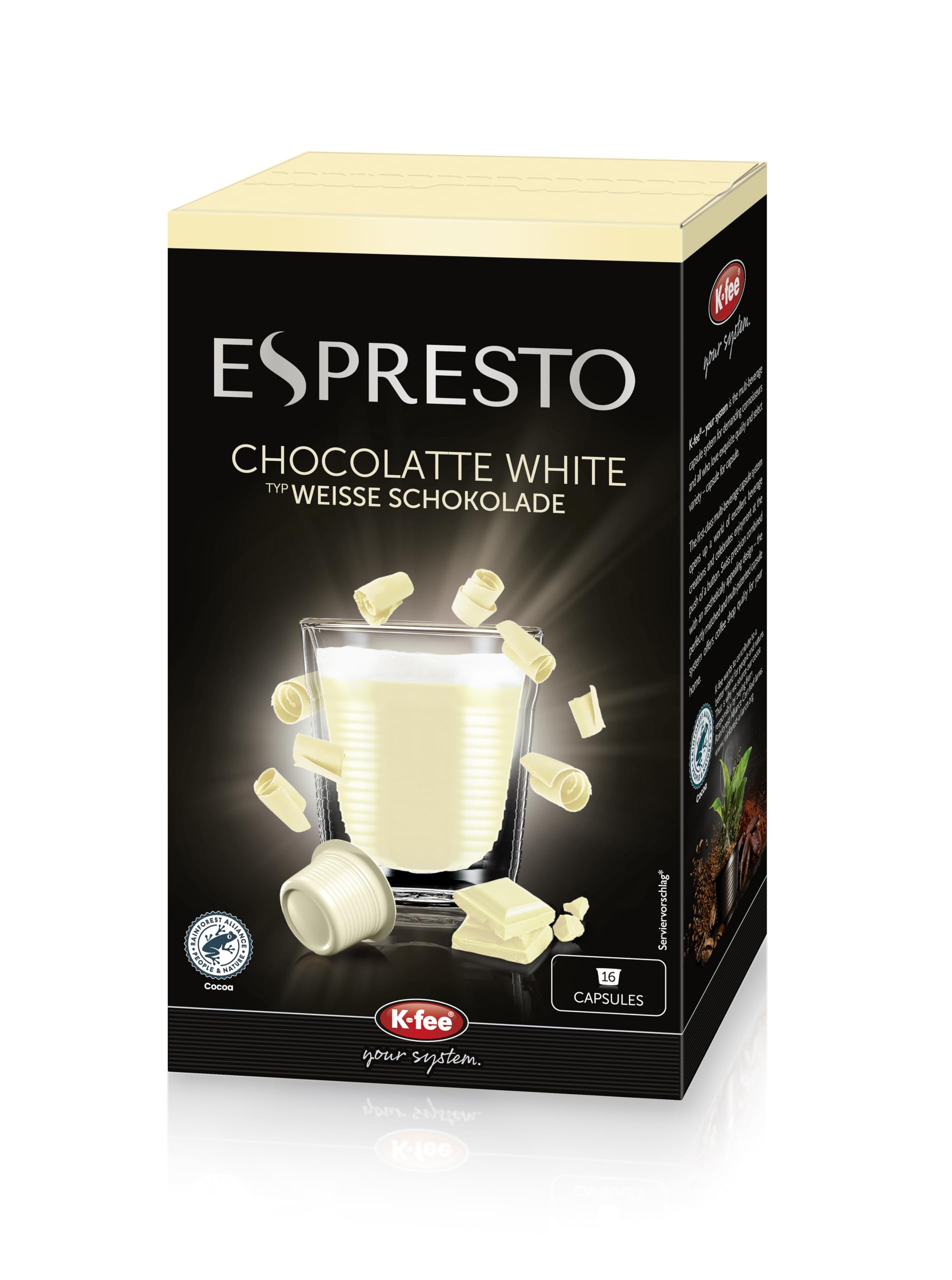 ESPRESTO Kakaokapseln, Weiße Schokolade, kompatibel mit K-fee & ALDI EXPRESSI*, fairtrade-zertifzierte Kakaobohnen, 96 Kapseln