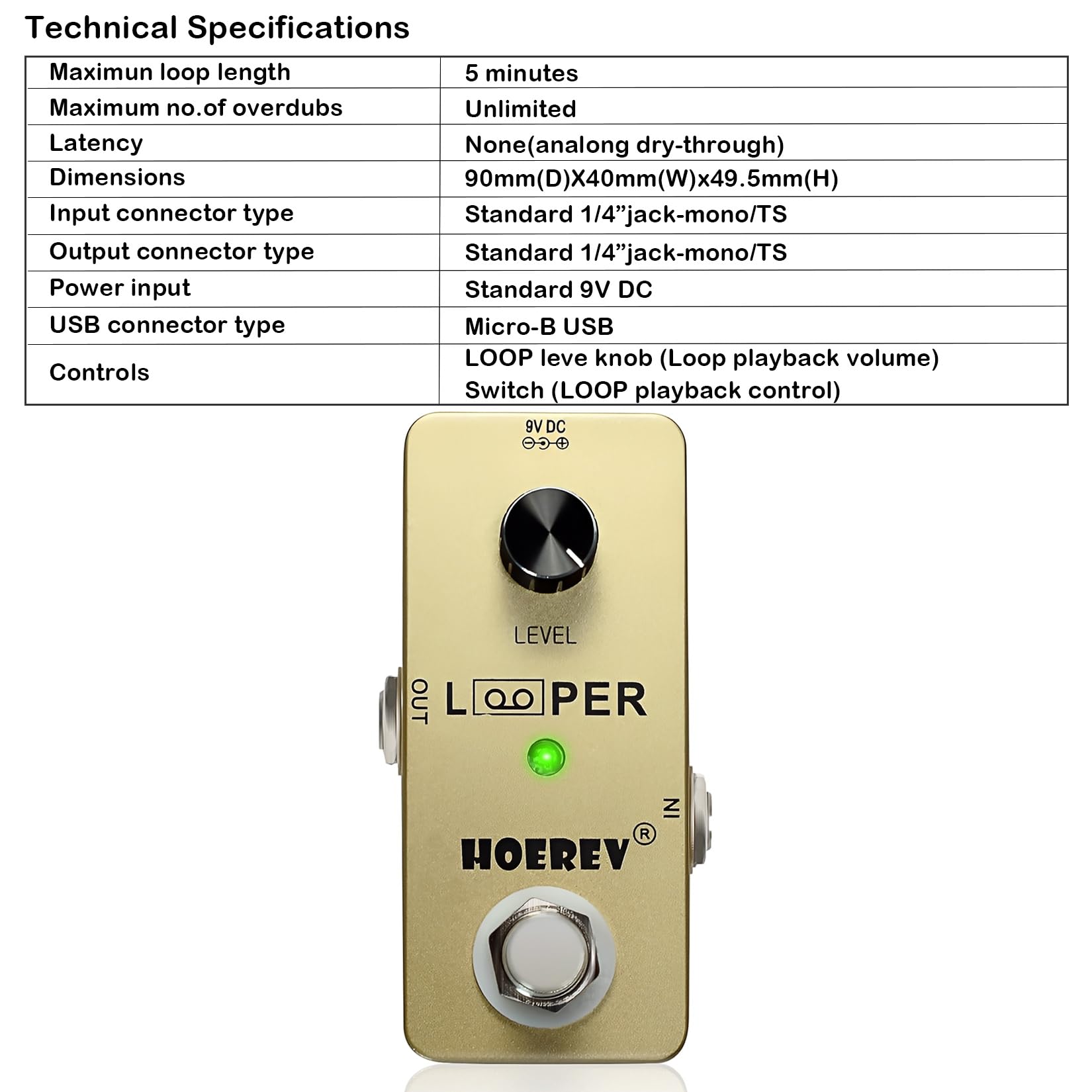 HOEREV Guitar Loop Stazione Effetti Looper Per Chitarra Nessun Alimentatore Incluso