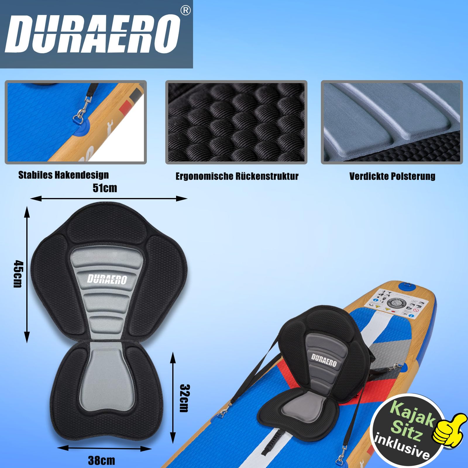 DURAERO Tavola SUP gonfiabile XXL 330cm, stand up paddle con sedile kayak e poggiapiedi, pagaia doppia, supporto fotocamera, accessori completi, portata 150 kg, effetto legno
