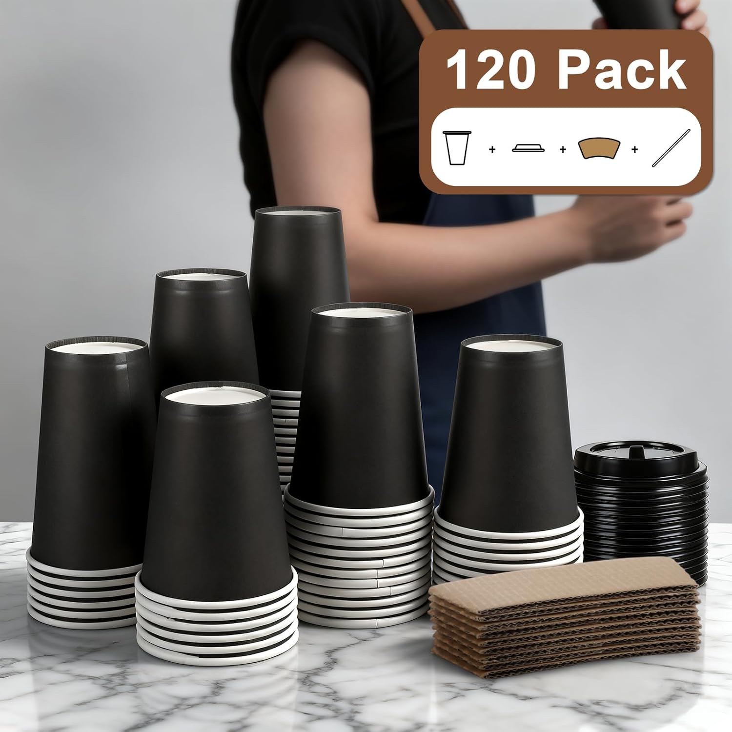 120 Pack 12 oz Paper Coffee Cups Set, Disposable Black Coffee Cups with Lids, Sleeves and Stirring Sticks, Fit For Cold and Hot Drinks - Image 6