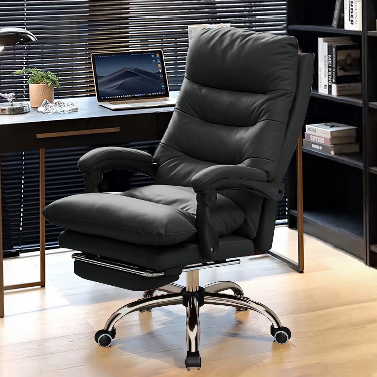 Comfortable Office Chair with Foot Rest Reclining Gaming Chair Executive Desk Chair High Back Computer Chair Ergonomic Office Chairs Leather Work Chair, Black