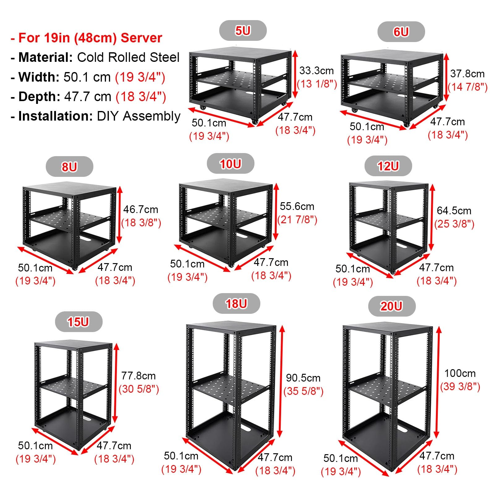 Vibeo Rack di Rete a Telaio Aperto Scaffale Mobile per Server a Telaio Aperto con Ruote, Rack di Rete per Ufficio/casa, Rack per Dispositivi Audio Regolabile 6U 8U 10U 12U 15U 20U(5U)