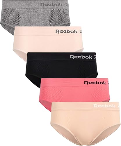 Reebok Bragas hipster para mujer, paquete de 5 unidades de ropa interior elástica sin costuras con cintura relajada sin etiqueta (S-XL)