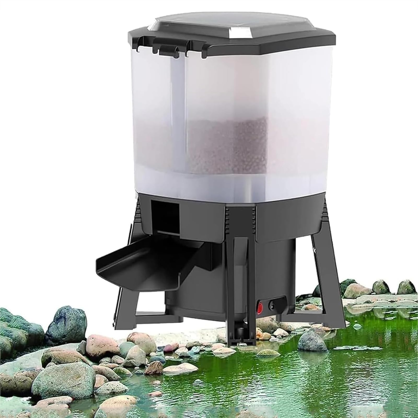 Distributore elettrico per mangime per pesci, 6 l, automatico, con design di alimentazione a 120°, distanza regolabile e timer, per particelle di cibo per pesci da 3-10 mm