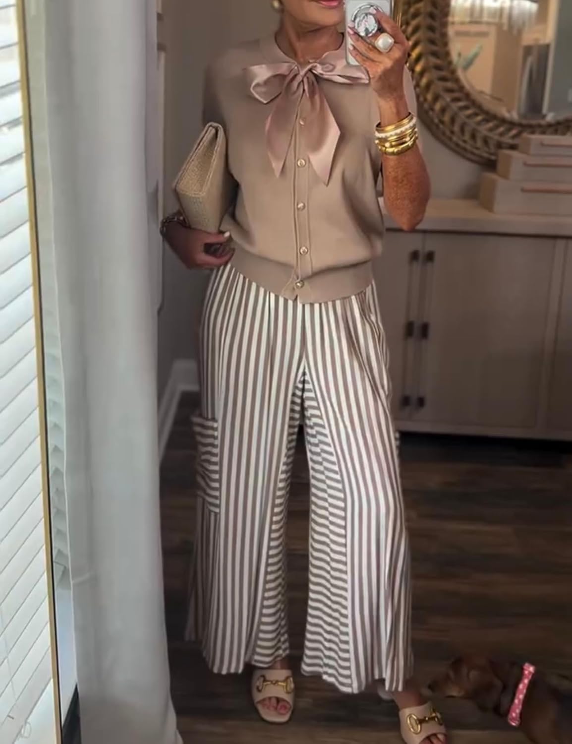 Bankeng Womens Summer Casual Striped Pants Loose Wide Leg Lounge Pants Elastic Waist Palazzo Trousers with Pockets