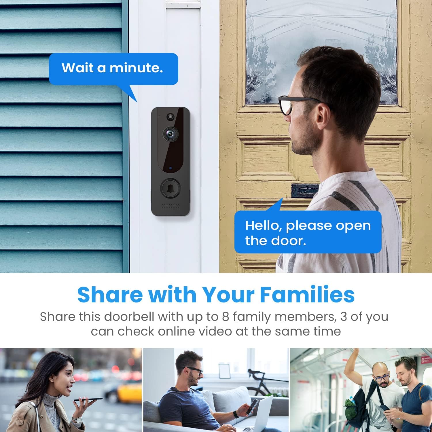 EKEN Smart Video Doorbell Camera Wireless with Ring Chime, HD Live Image, Night Vision, Cloud Storage, Battery Powered, Indoor/Outdoor Surveillance, Smart AI Human Detection, 2.4G WiFi, 2-Way Audio