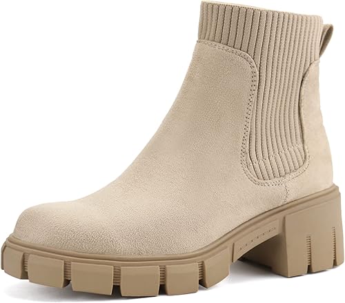 JABASIC Botas de tobillo gruesas para mujer, botas Chelsea elásticas