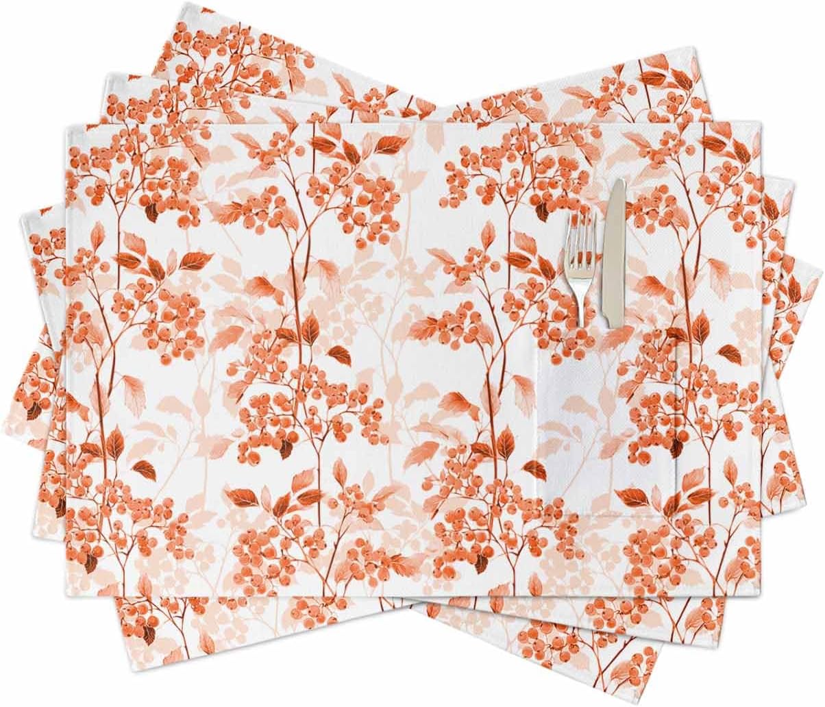 Orange Wildflower Table Placemats for Dining Table Set of 4,Linen Cloth Kitchen Place Mats with Pocket,Holiday Food Mat,Flower Floral Botanical Spring Summer