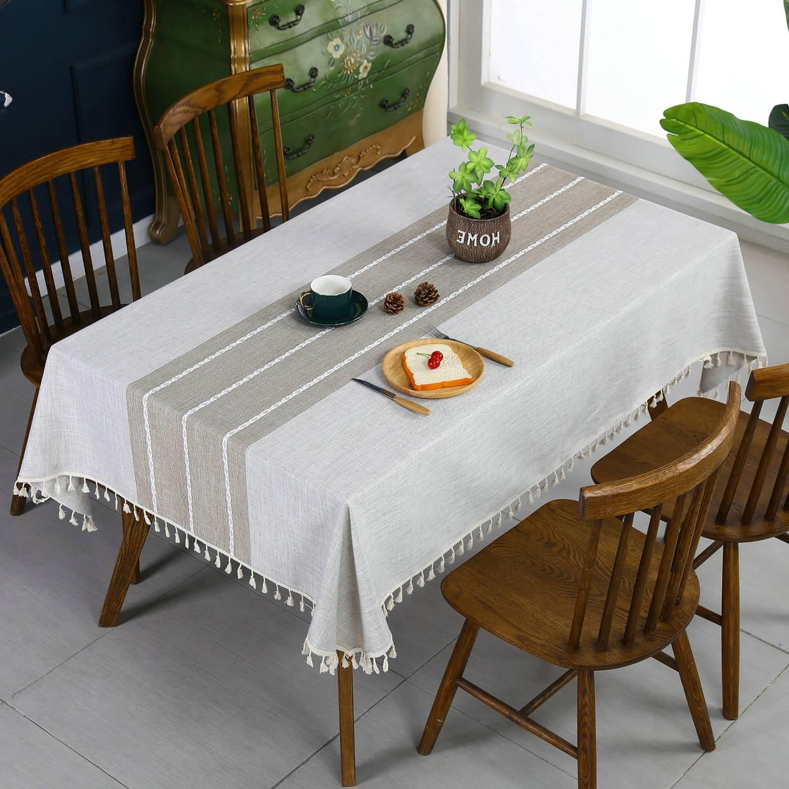 Mantel rectangular de lino y poliéster para cocina, color caqui