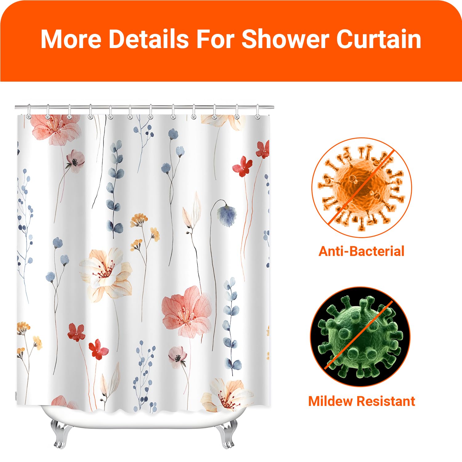 Lerores Shower Curtain, 180 x 180 cm, Coral Flower, Weighted Hem, Anti-Mould, Water-Repellent - Image 4