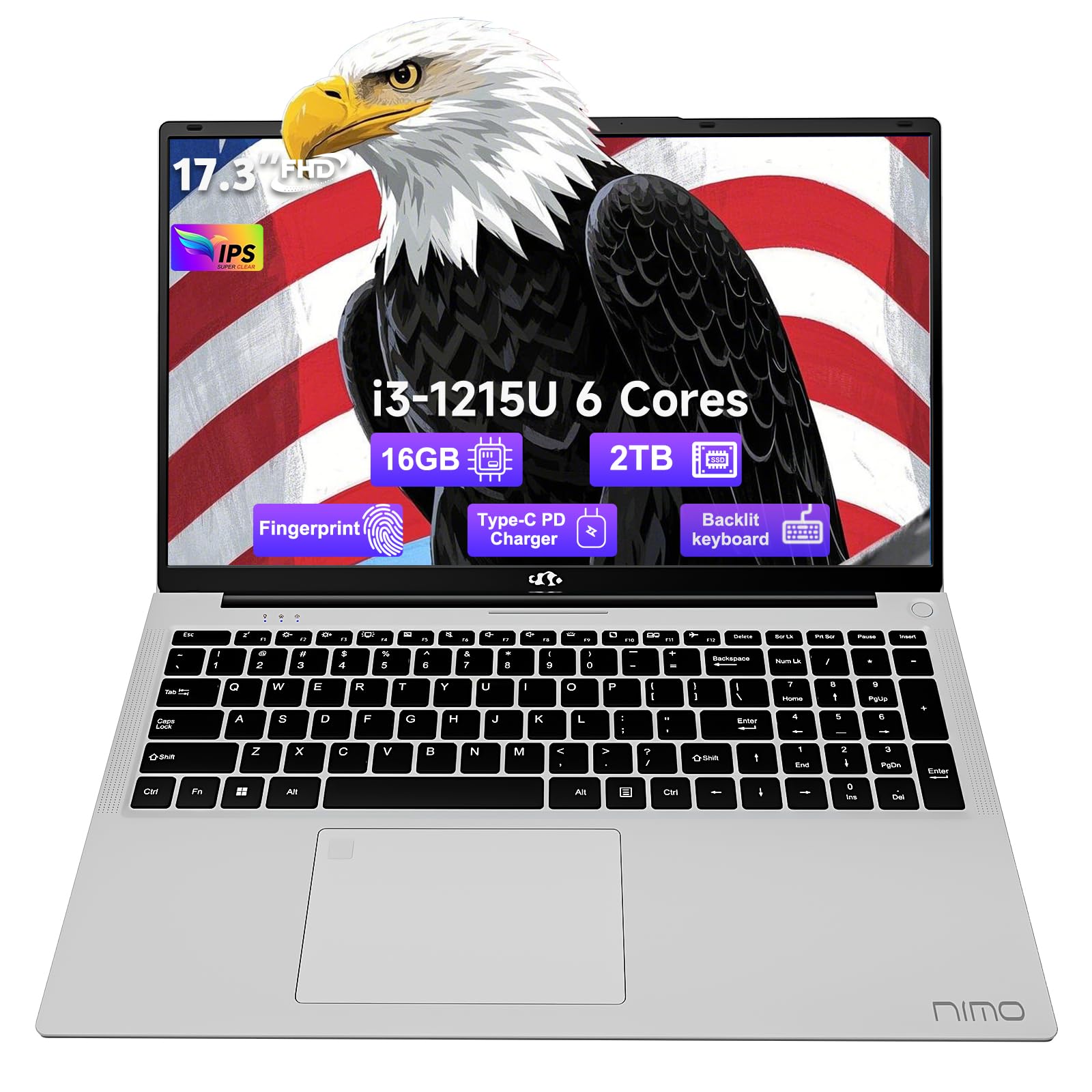 NIMO 17.3 Business-Laptop, 16GB RAM 2TB SSD, Intel Core i3-1215U, Windows 11 Computer PC with Backlit Keyboard Fingerprint Unlock 65W Type-C WiFi 6 BT5.2 54Wh Battery for Students Seniors Home Office