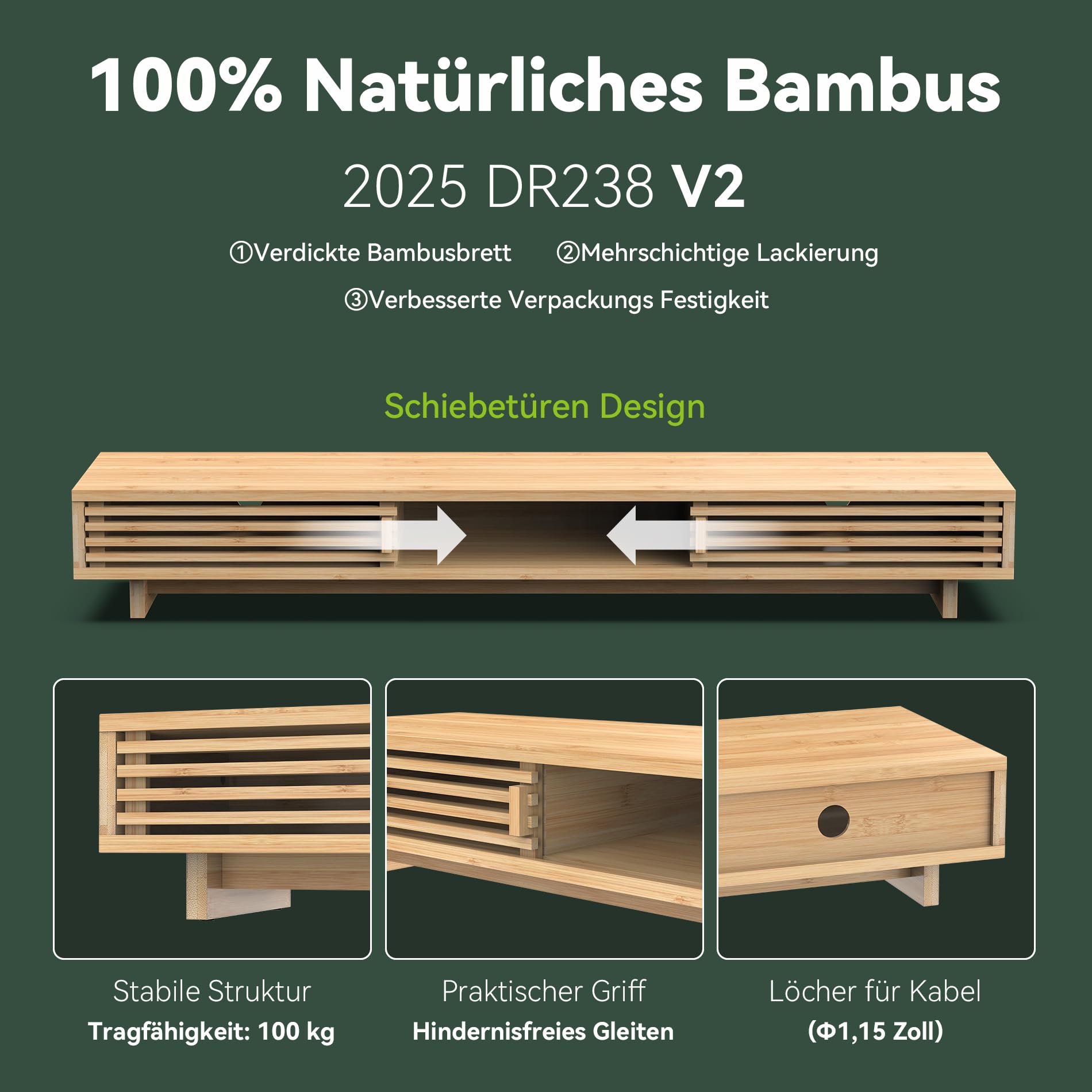WELL WENG Dual Monitorständer Riser aus Holz für Monitor Bambus 96.7cm | Bildschirmerhöhung 2 monitore mit Schiebetüren im Gitter-Design Schreibtisch-Regal-Organizer mit Ordnungssystem