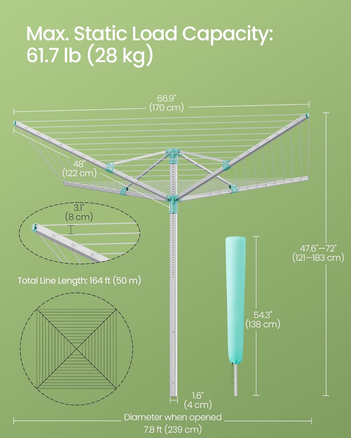 Detailed dimensions and specifications of the SONGMICS Umbrella Drying Rack